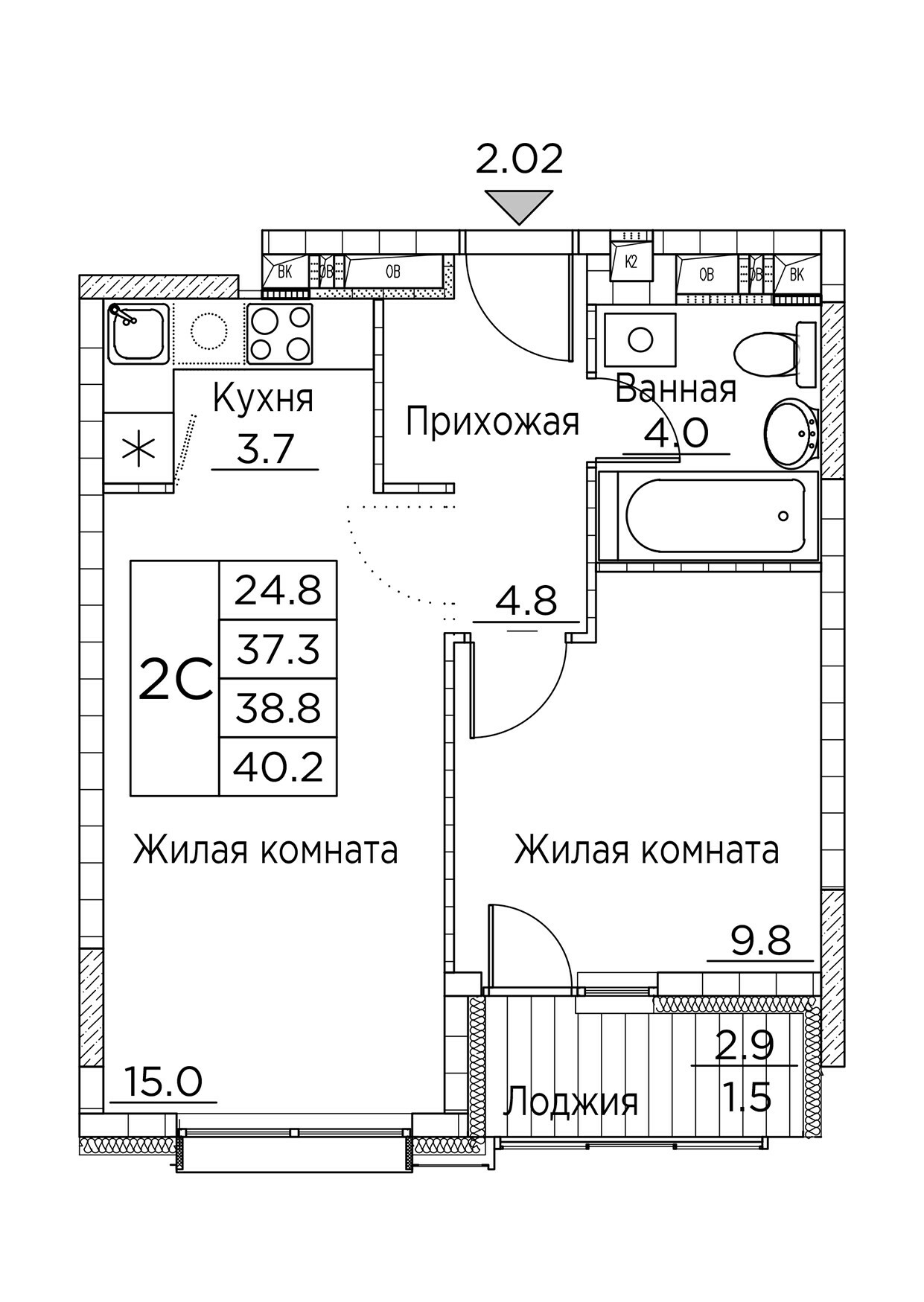 ЖК Гринхилс (Greenhills), 2-комн кв 40,2 м2, за 7 813 900 ₽, 21 этаж