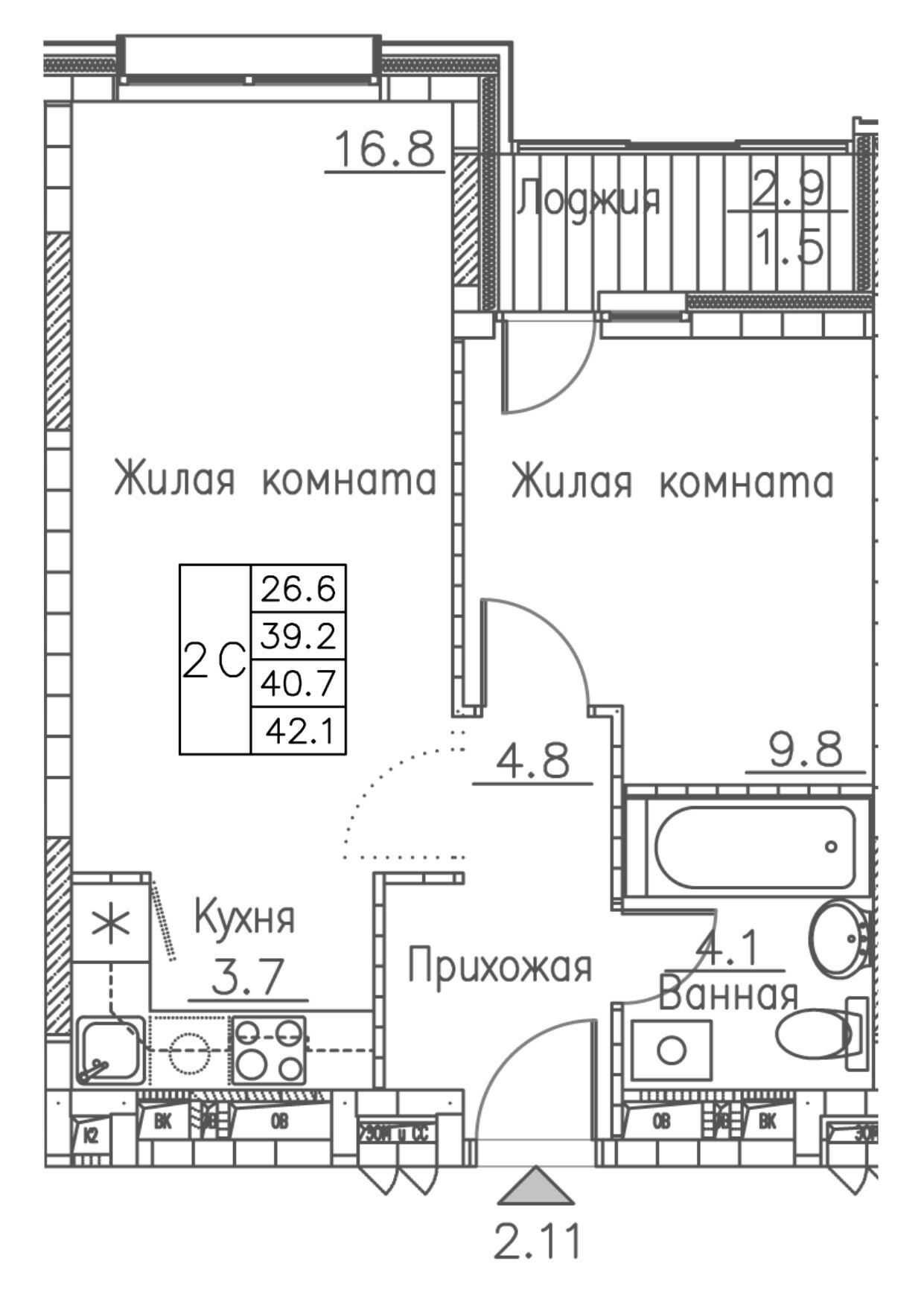 ЖК Гринхилс (Greenhills), 2-комн кв 42,1 м2, за 6 783 344 ₽, 4 этаж