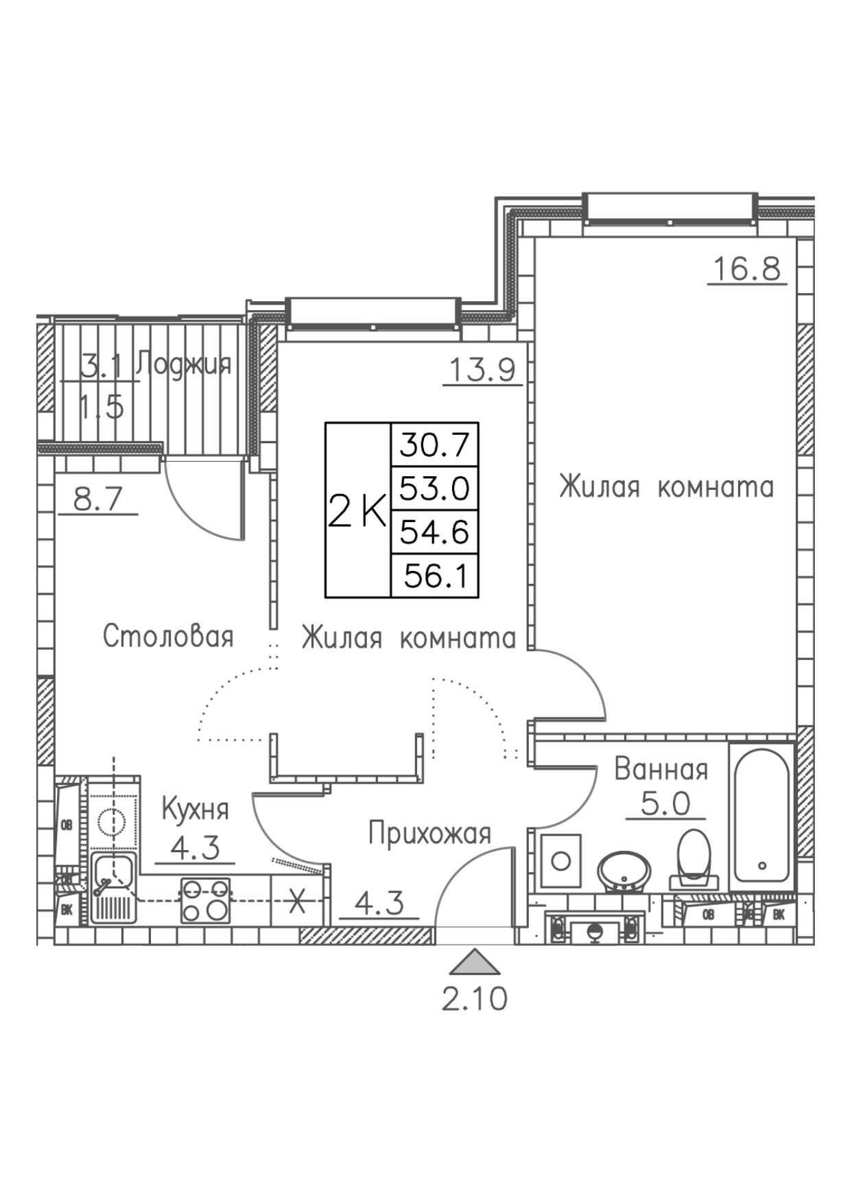 ЖК Гринхилс (Greenhills), 2-комн кв 56,1 м2, за 8 838 961 ₽, 4 этаж