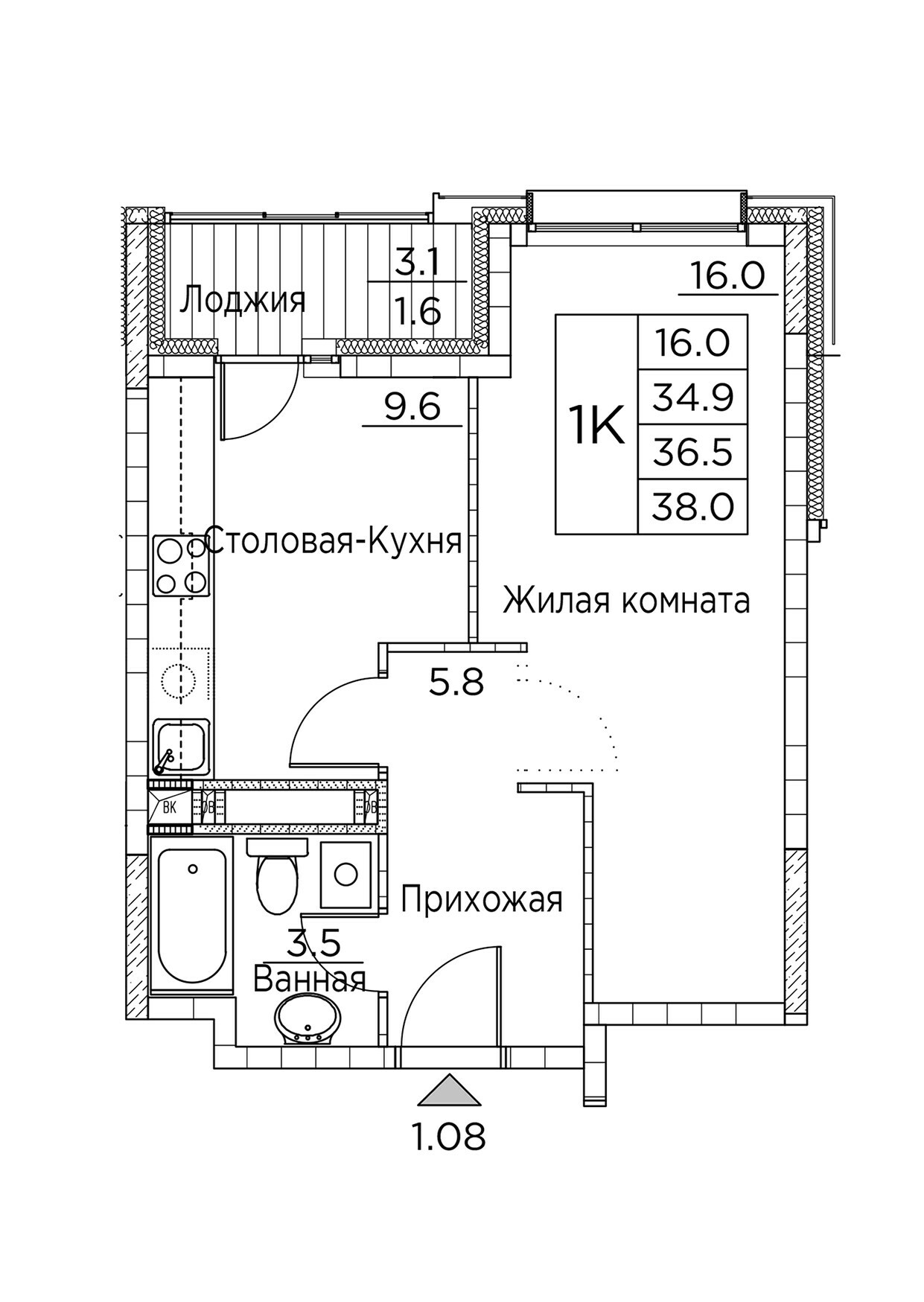 ЖК Гринхилс (Greenhills), 1-комн кв 38,0 м2, за 6 354 813 ₽, 2 этаж