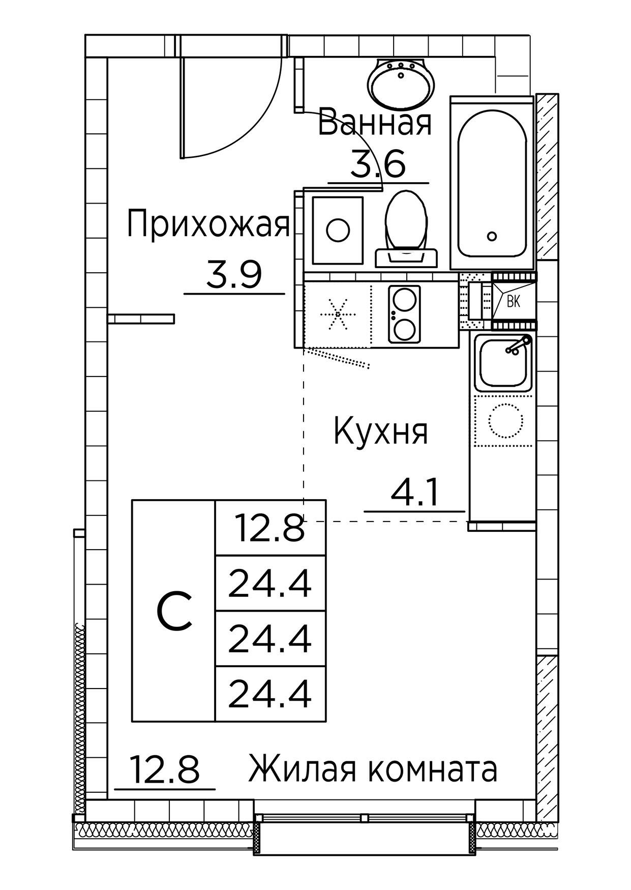 ЖК Гринхилс (Greenhills), Студия 24,4 м2, за 5 198 136 ₽, 2 этаж