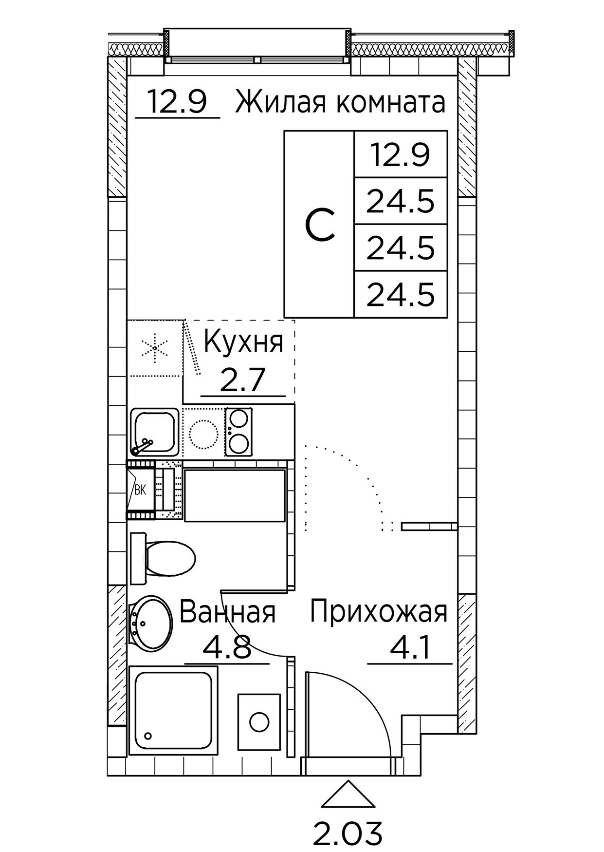 ЖК Гринхилс (Greenhills), Студия 24,5 м2, за 4 459 221 ₽, 1 этаж