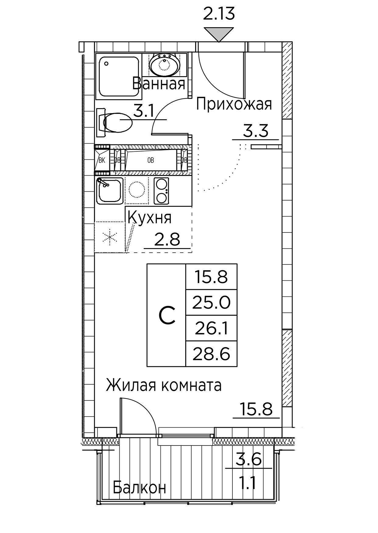 ЖК Гринхилс (Greenhills), Студия 28,6 м2, за 6 305 442 ₽, 17 этаж