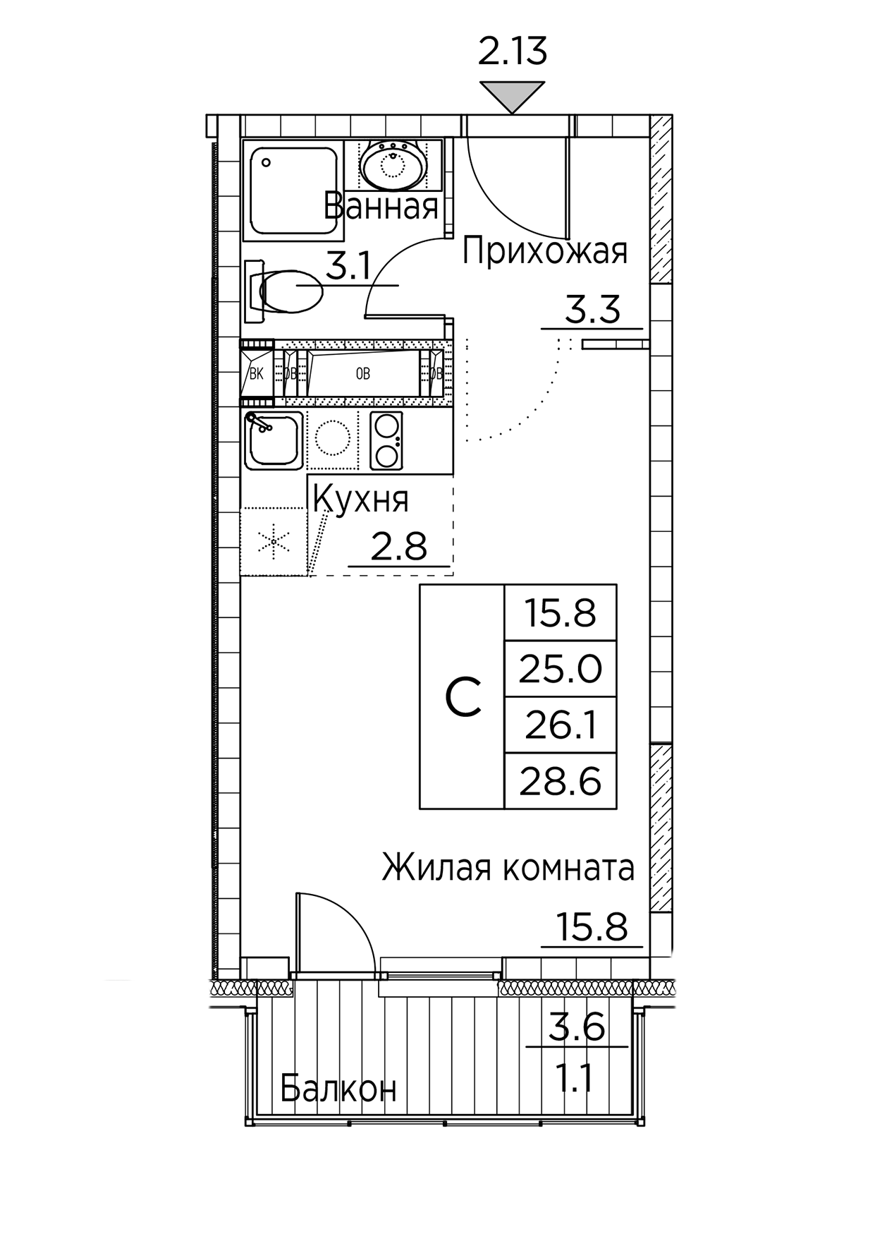 ЖК Гринхилс (Greenhills), Студия 28,6 м2, за 6 305 442 ₽, 17 этаж