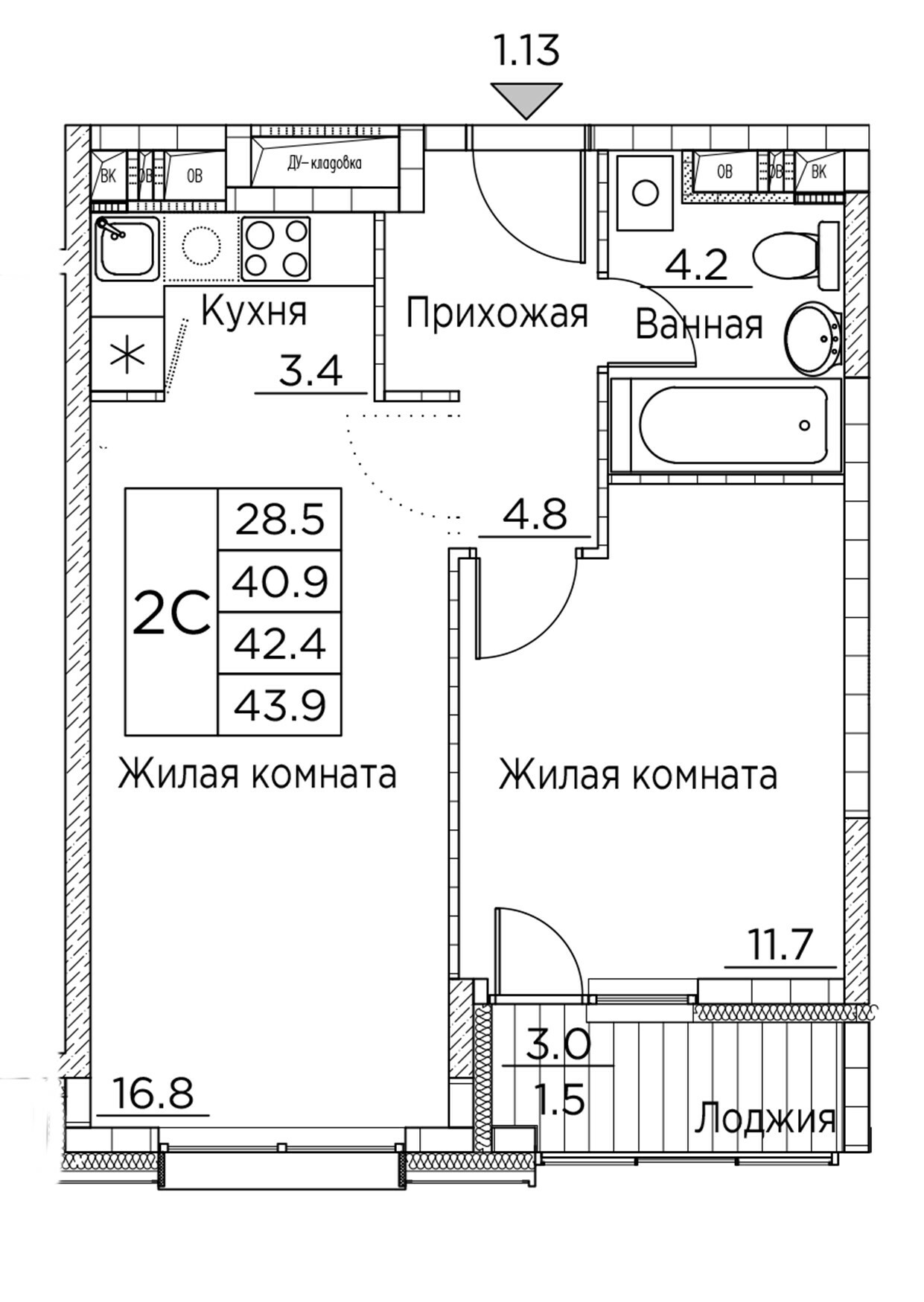 ЖК Гринхилс (Greenhills), 2-комн кв 43,9 м2, за 7 920 493 ₽, 4 этаж