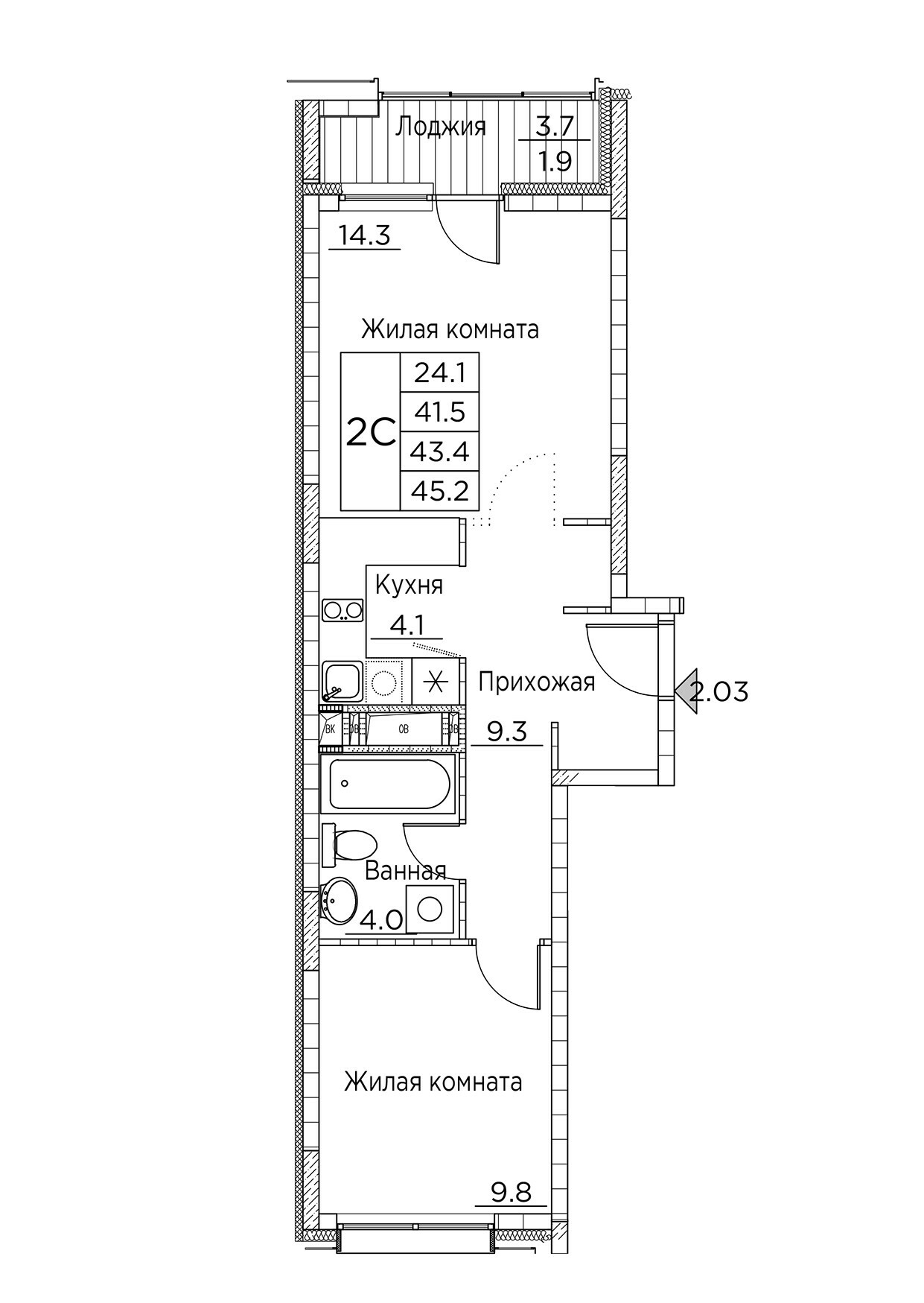 ЖК Гринхилс (Greenhills), 2-комн кв 45,2 м2, за 8 785 778 ₽, 21 этаж