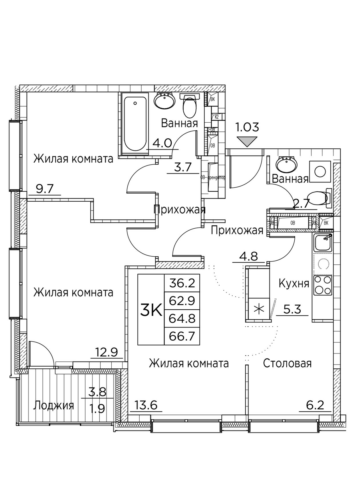 ЖК Гринхилс (Greenhills), 3-комн кв 66,7 м2, за 10 529 123 ₽, 5 этаж