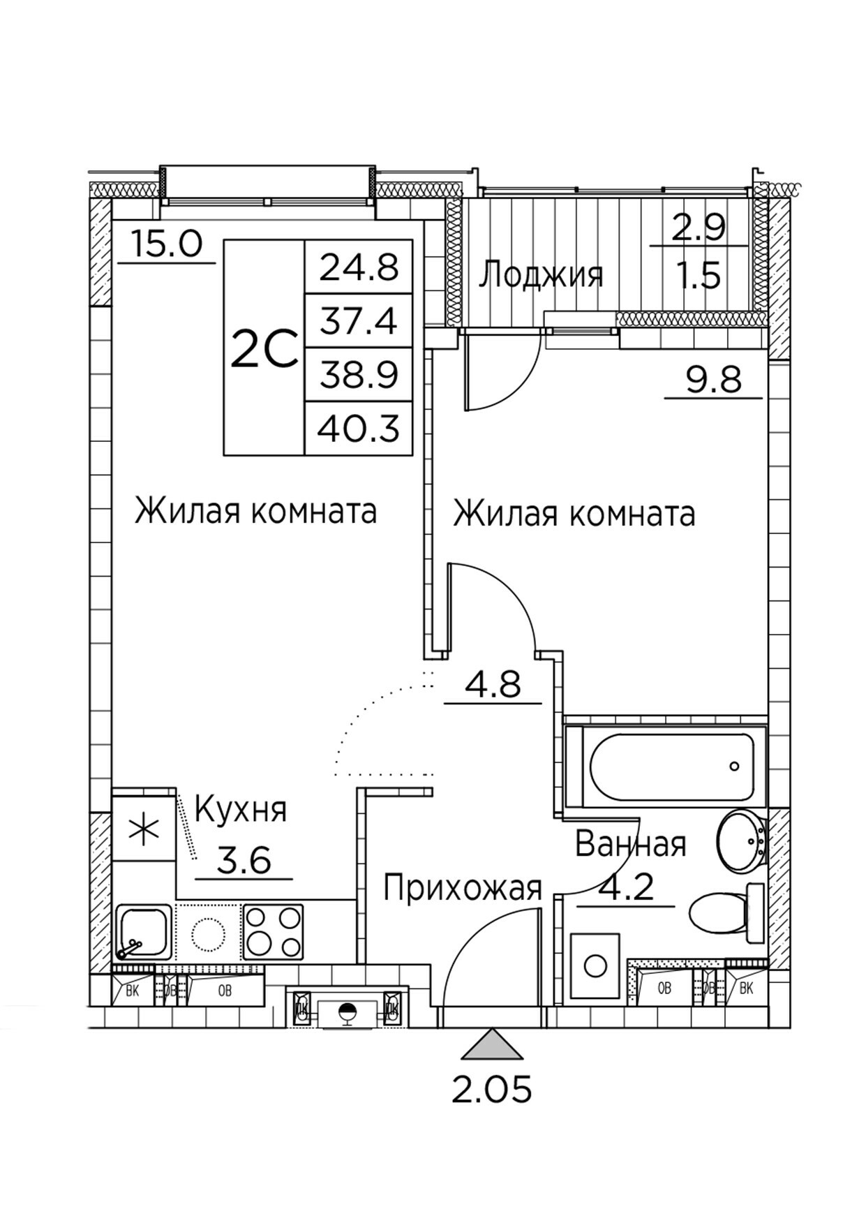 ЖК Гринхилс (Greenhills), 2-комн кв 40,3 м2, за 7 833 338 ₽, 21 этаж