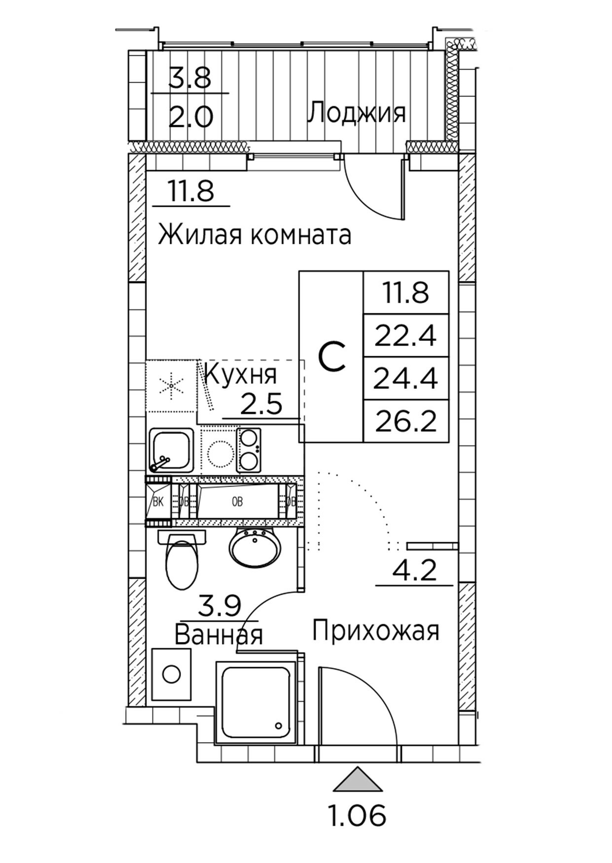 ЖК Гринхилс (Greenhills), Студия 26,2 м2, за 5 443 686 ₽, 6 этаж