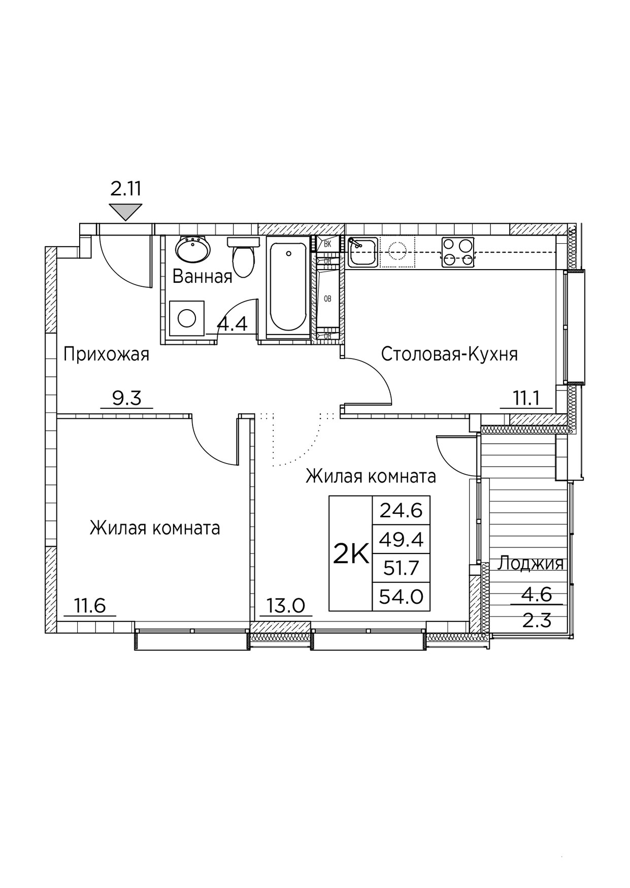 ЖК Гринхилс (Greenhills), 2-комн кв 54,0 м2, за 8 802 062 ₽, 7 этаж