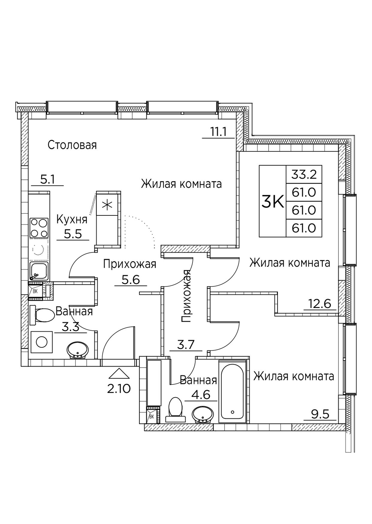 ЖК Гринхилс (Greenhills), 3-комн кв 61,0 м2, за 11 136 254 ₽, 2 этаж