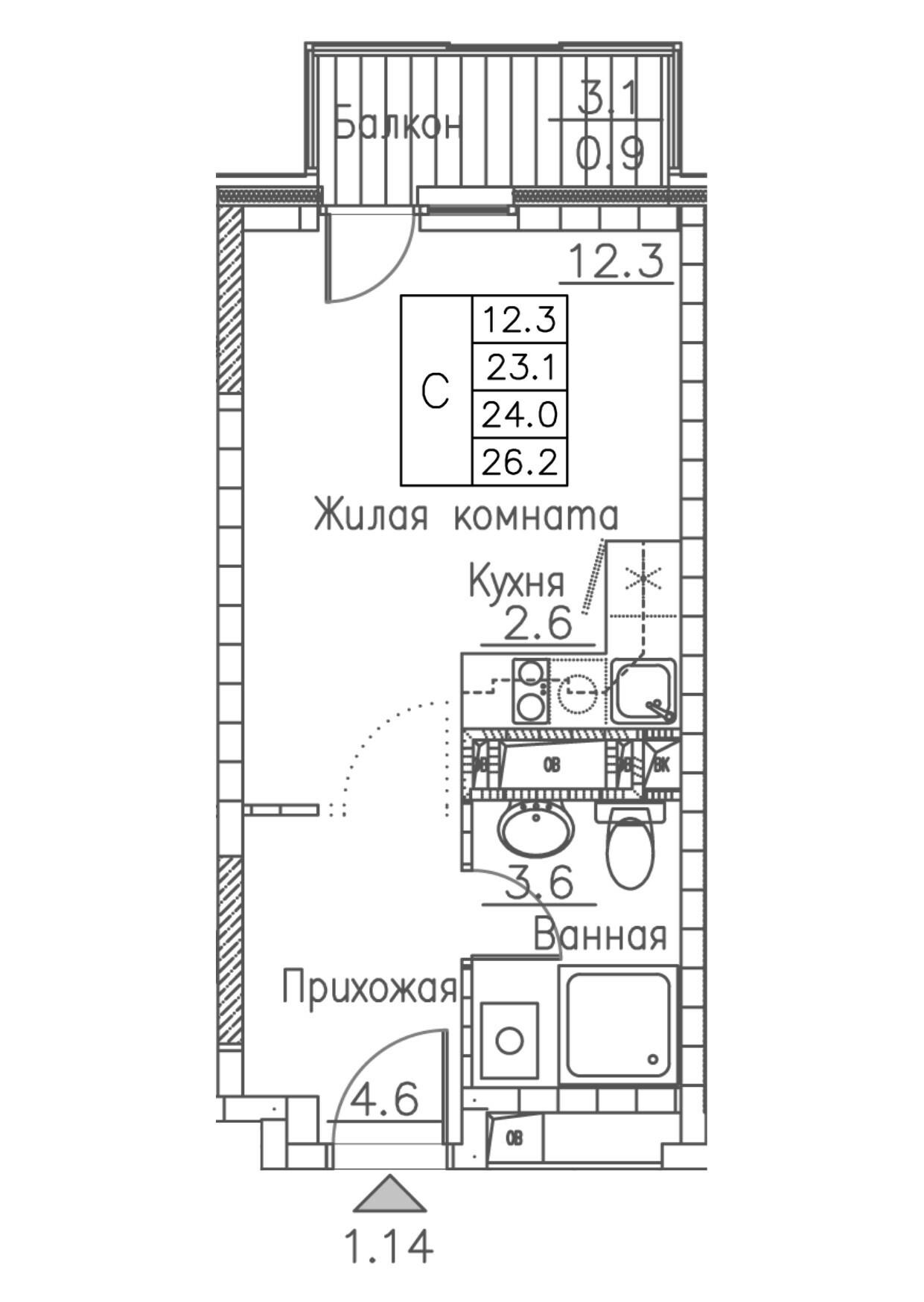 ЖК Гринхилс (Greenhills), Студия 26,2 м2, за 5 396 438 ₽, 12 этаж