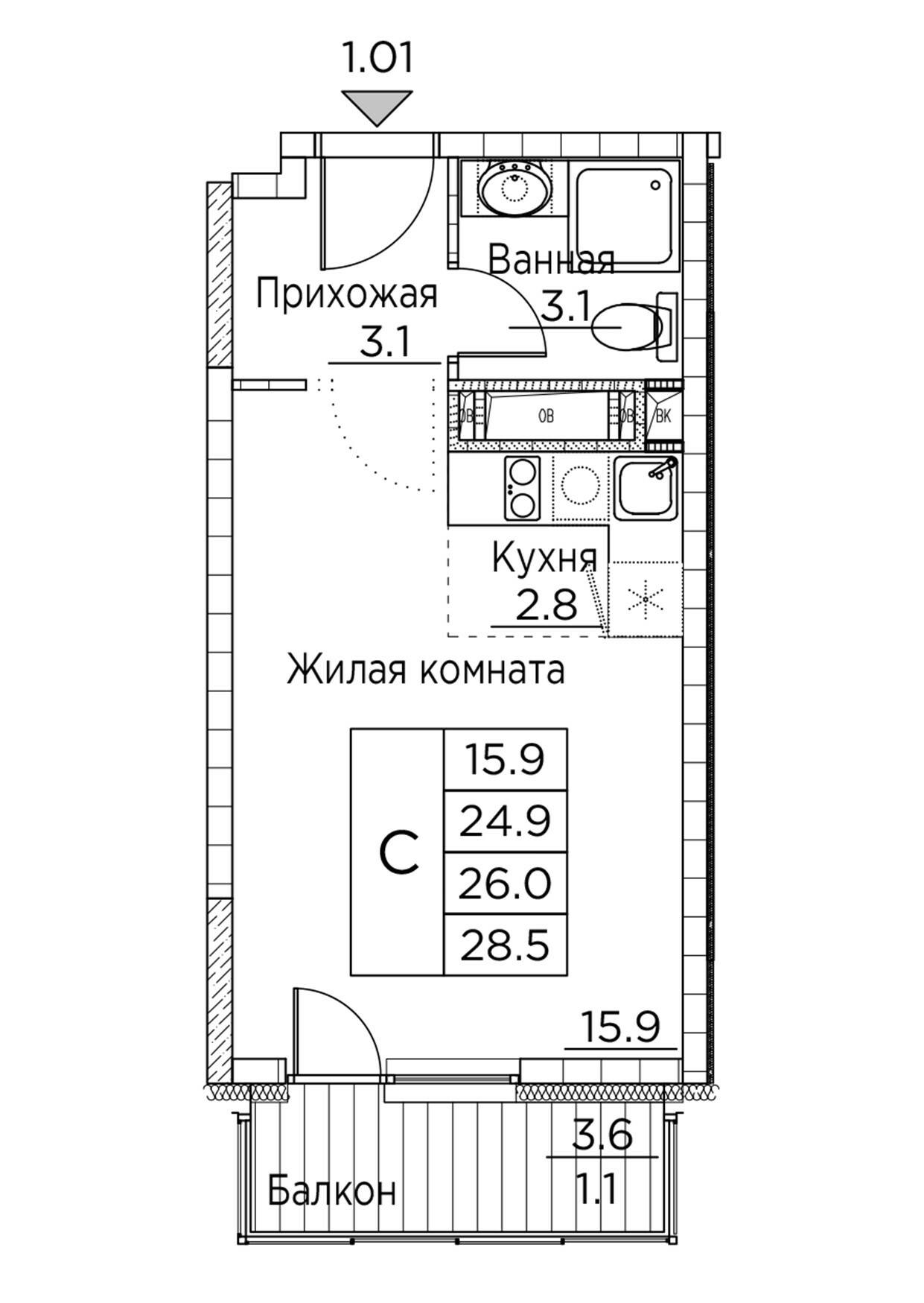 Доступные планировки в ЖК Гринхилс (Greenhills), 28,5 м2