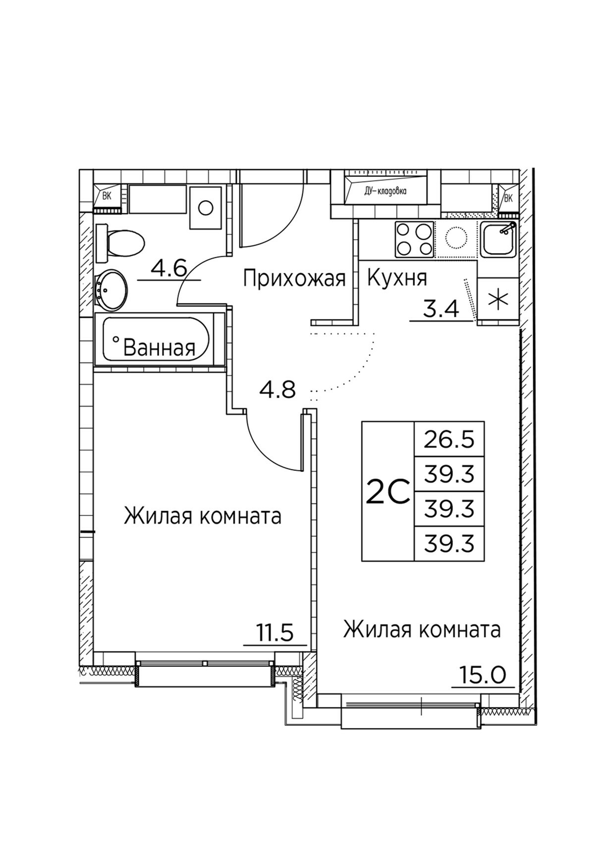 ЖК Гринхилс (Greenhills), 2-комн кв 39,3 м2, за 7 511 000 ₽, 2 этаж