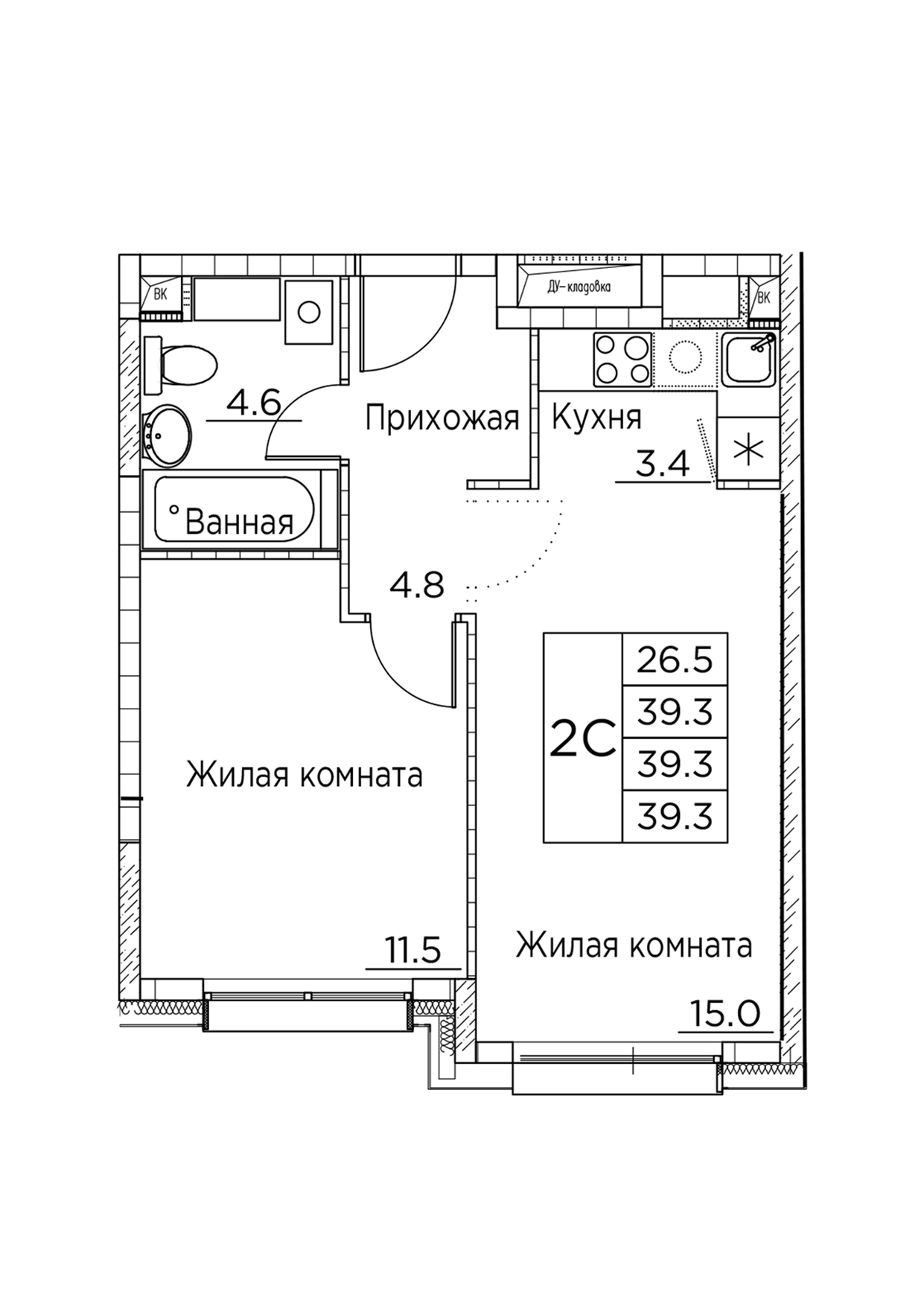 ЖК Гринхилс (Greenhills), 2-комн кв 39,3 м2, за 7 511 000 ₽, 2 этаж