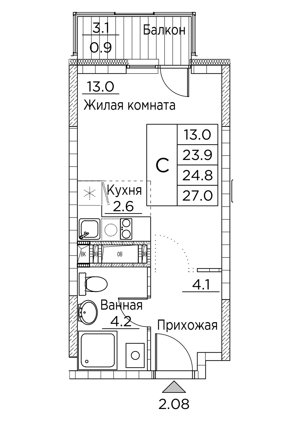 ЖК Гринхилс (Greenhills), Студия 27,0 м2, за 5 633 014 ₽, 21 этаж