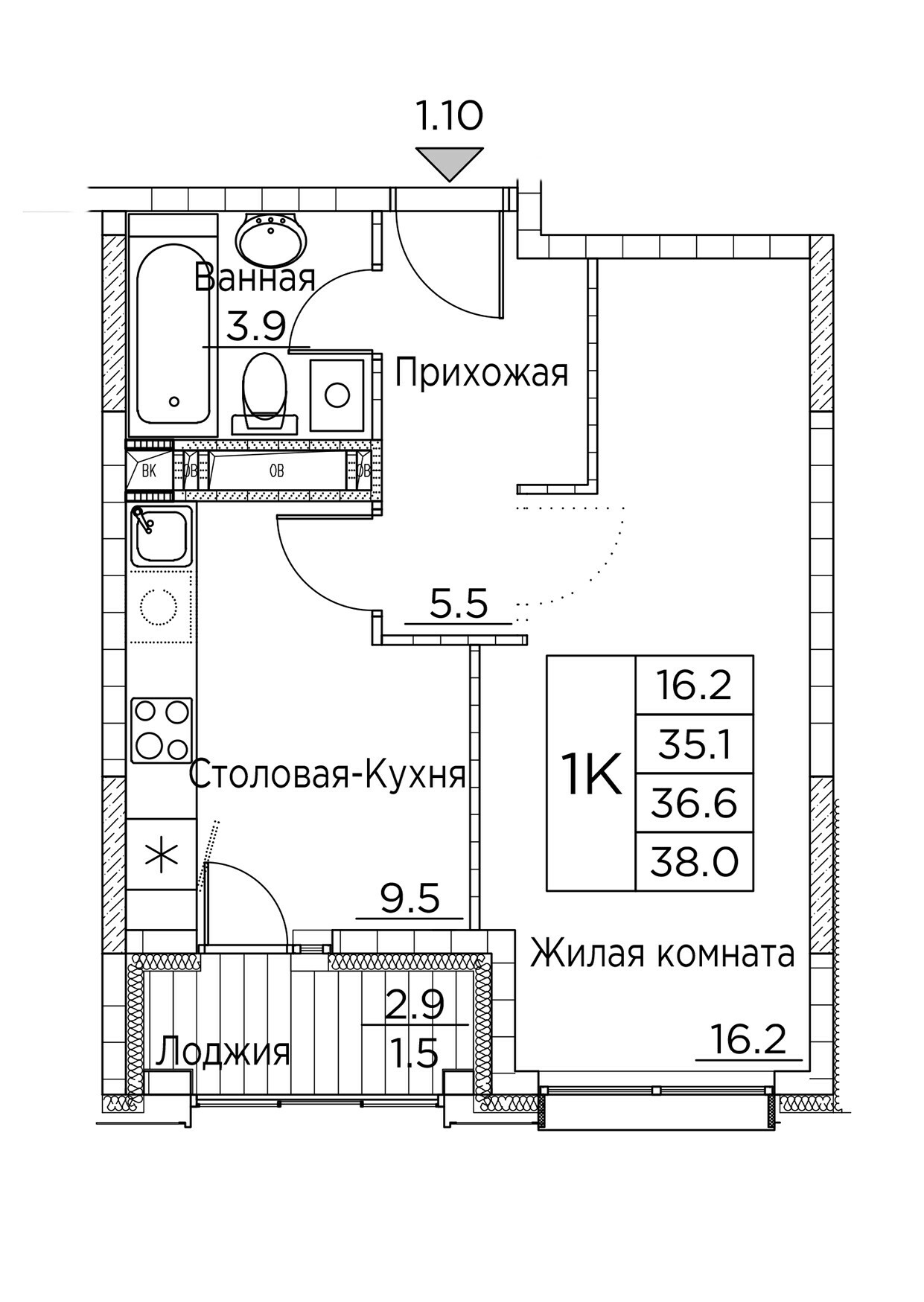 ЖК Гринхилс (Greenhills), 1-комн кв 38,0 м2, за 7 839 741 ₽, 22 этаж