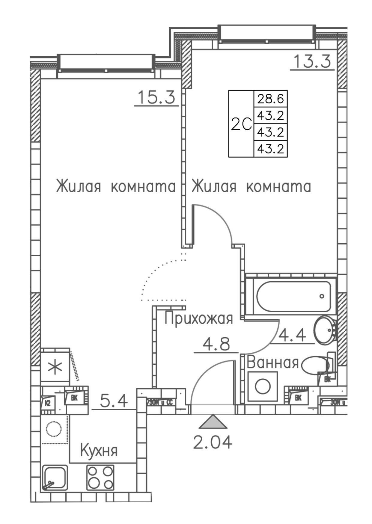 ЖК Гринхилс (Greenhills), 2-комн кв 43,2 м2, за 6 721 477 ₽, 1 этаж