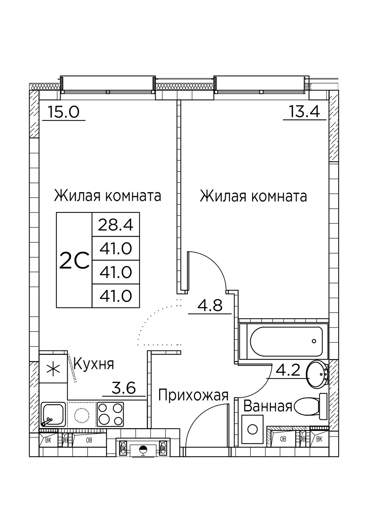 ЖК Гринхилс (Greenhills), 2-комн кв 41,0 м2, за 7 835 903 ₽, 2 этаж