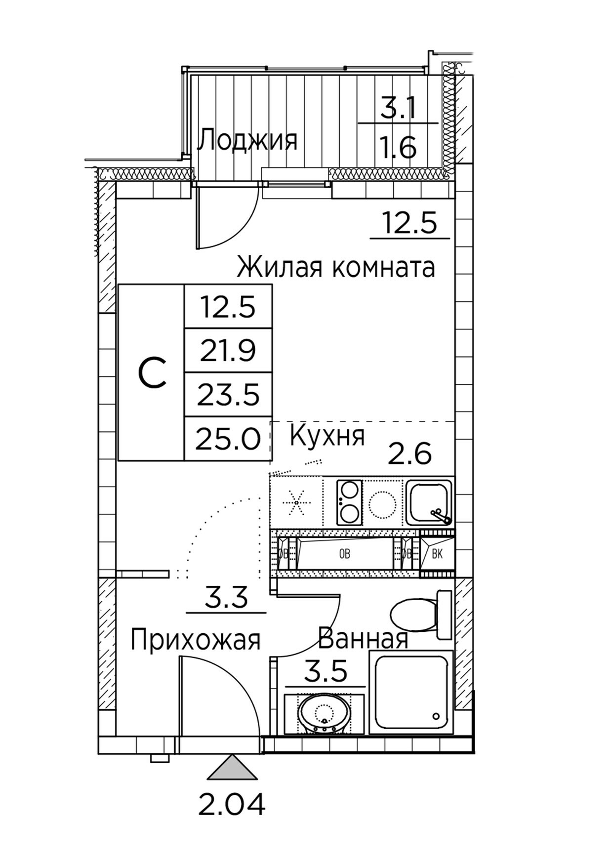 ЖК Гринхилс (Greenhills), Студия 25,0 м2, за 5 120 074 ₽, 3 этаж