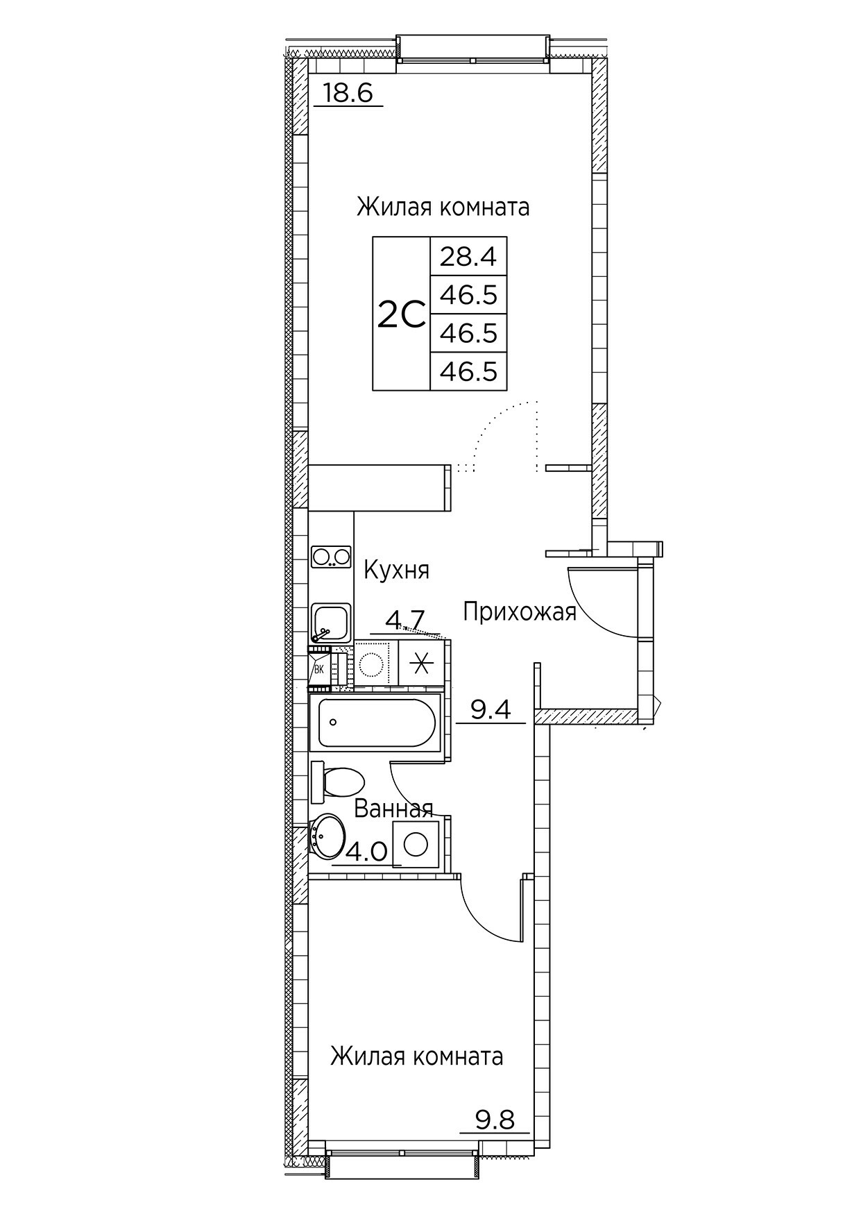 ЖК Гринхилс (Greenhills), 2-комн кв 46,5 м2, за 8 887 061 ₽, 2 этаж