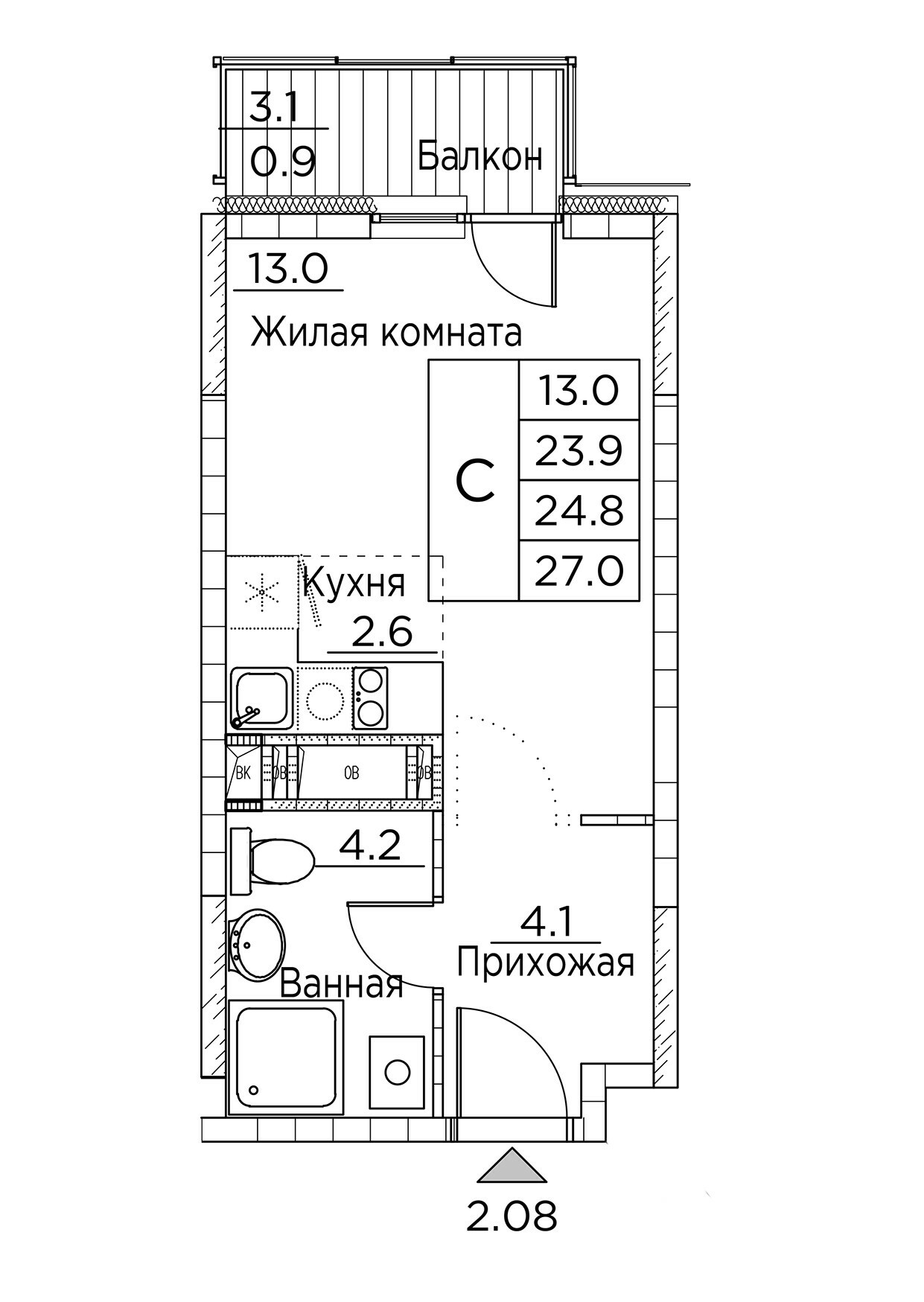 ЖК Гринхилс (Greenhills), Студия 27,0 м2, за 5 330 412 ₽, 3 этаж