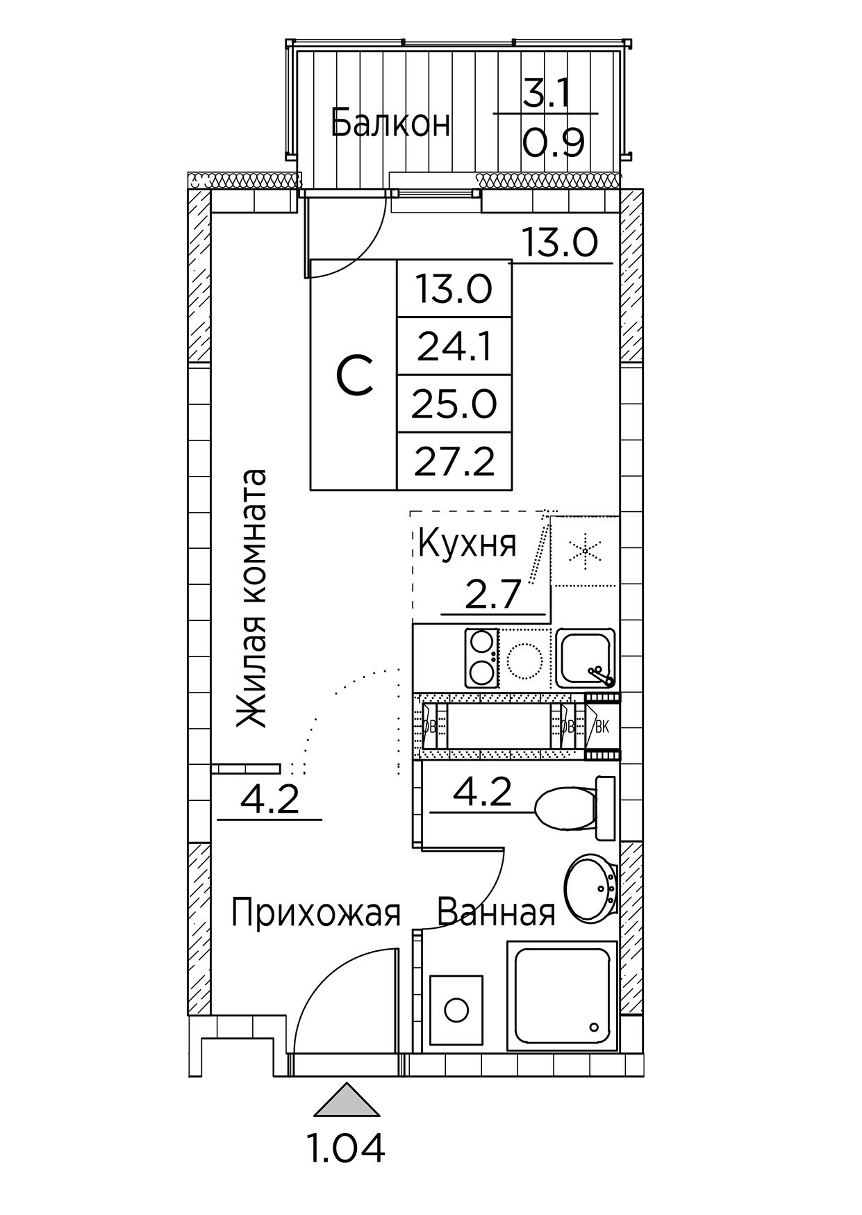 ЖК Гринхилс (Greenhills), Студия 27,2 м2, за 4 828 831 ₽, 2 этаж