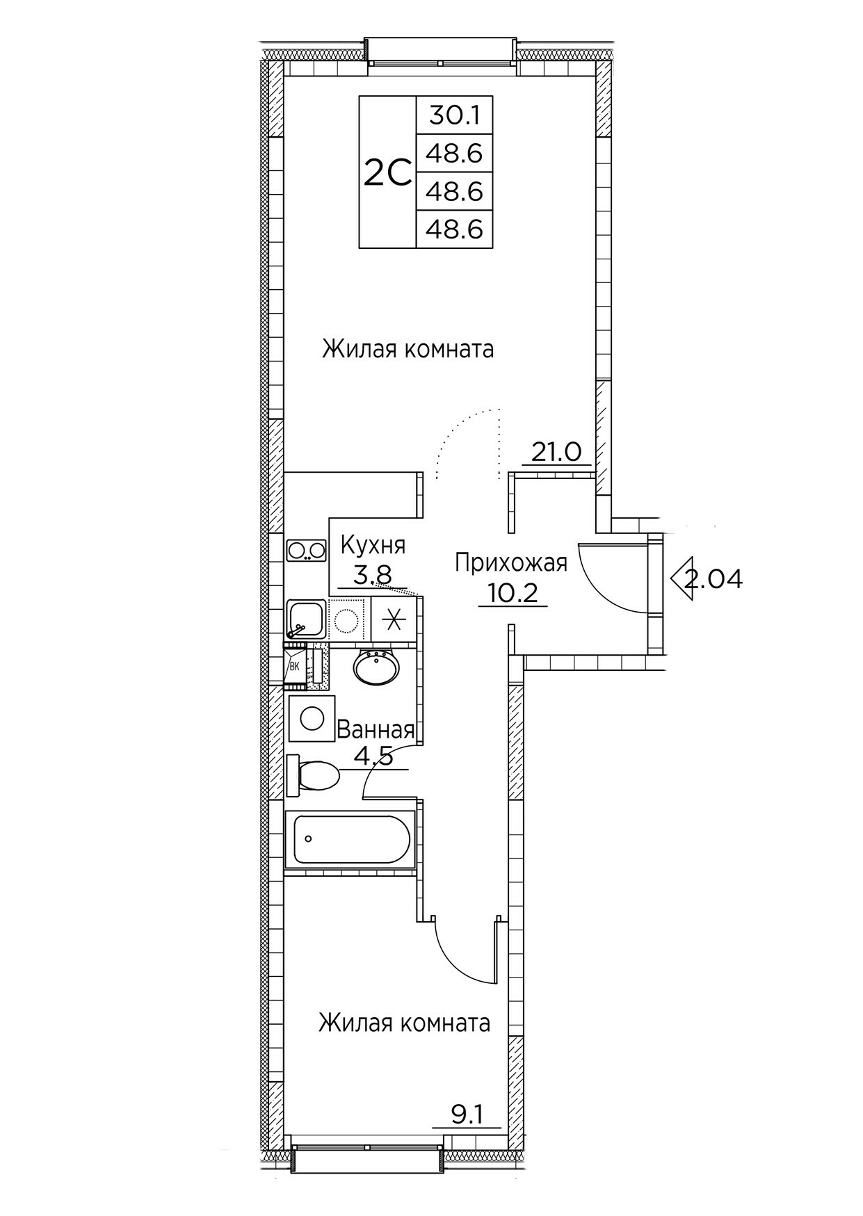 ЖК Гринхилс (Greenhills), 2-комн кв 48,6 м2, за 9 379 618 ₽, 2 этаж