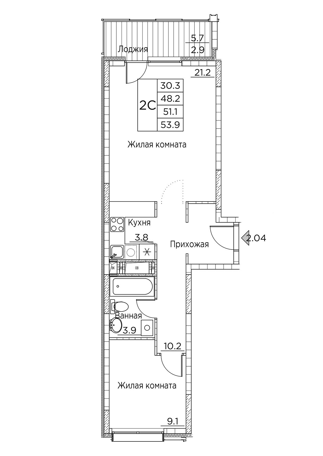 ЖК Гринхилс (Greenhills), 2-комн кв 53,9 м2, за 8 866 036 ₽, 7 этаж