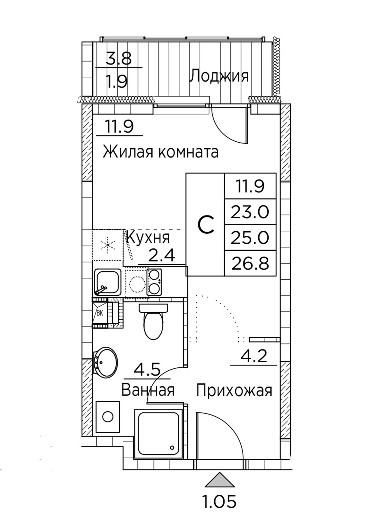 ЖК Гринхилс (Greenhills), Студия 26,8 м2, за 4 666 222 ₽, 2 этаж