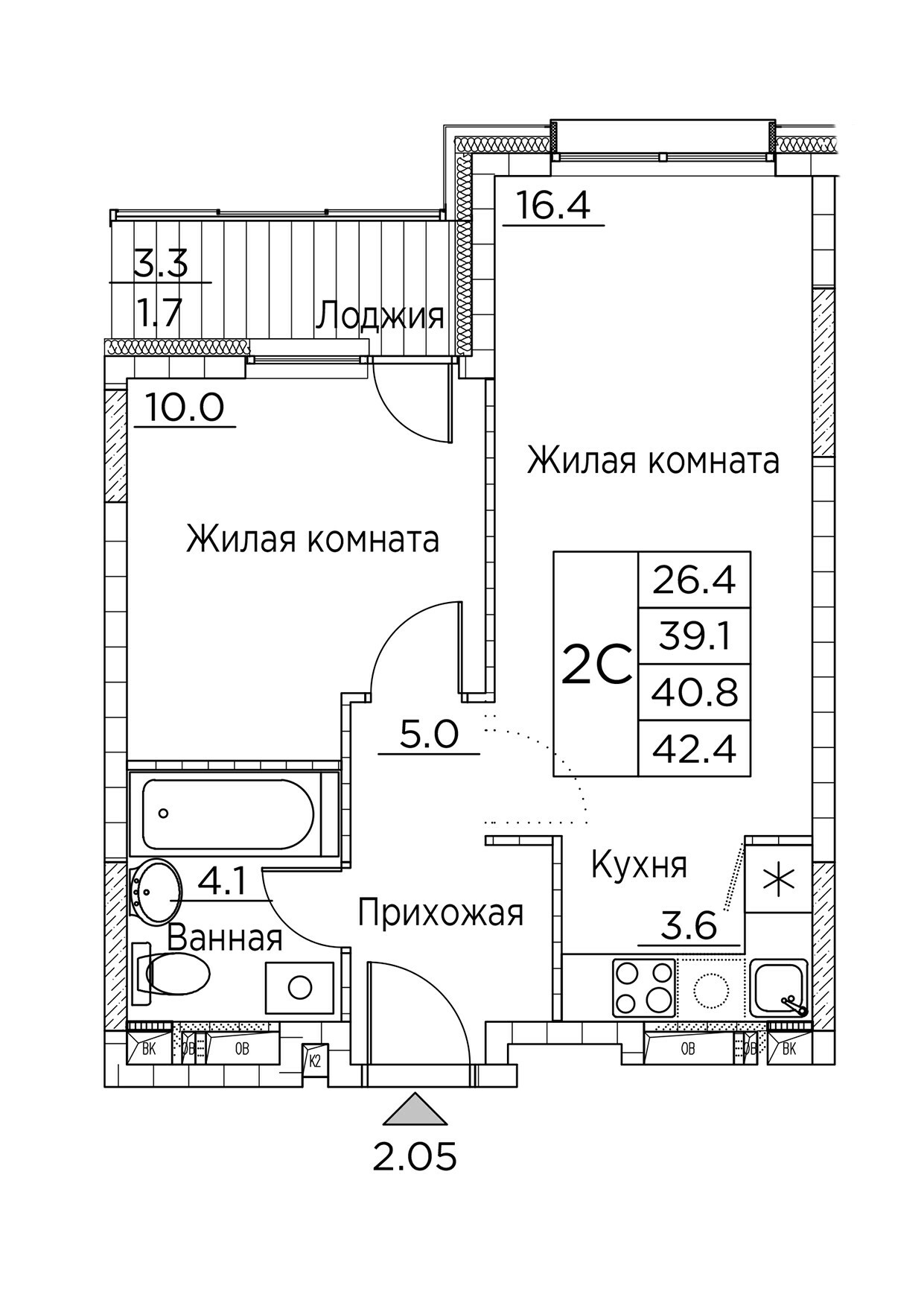 ЖК Гринхилс (Greenhills), 2-комн кв 42,4 м2, за 7 563 747 ₽, 7 этаж