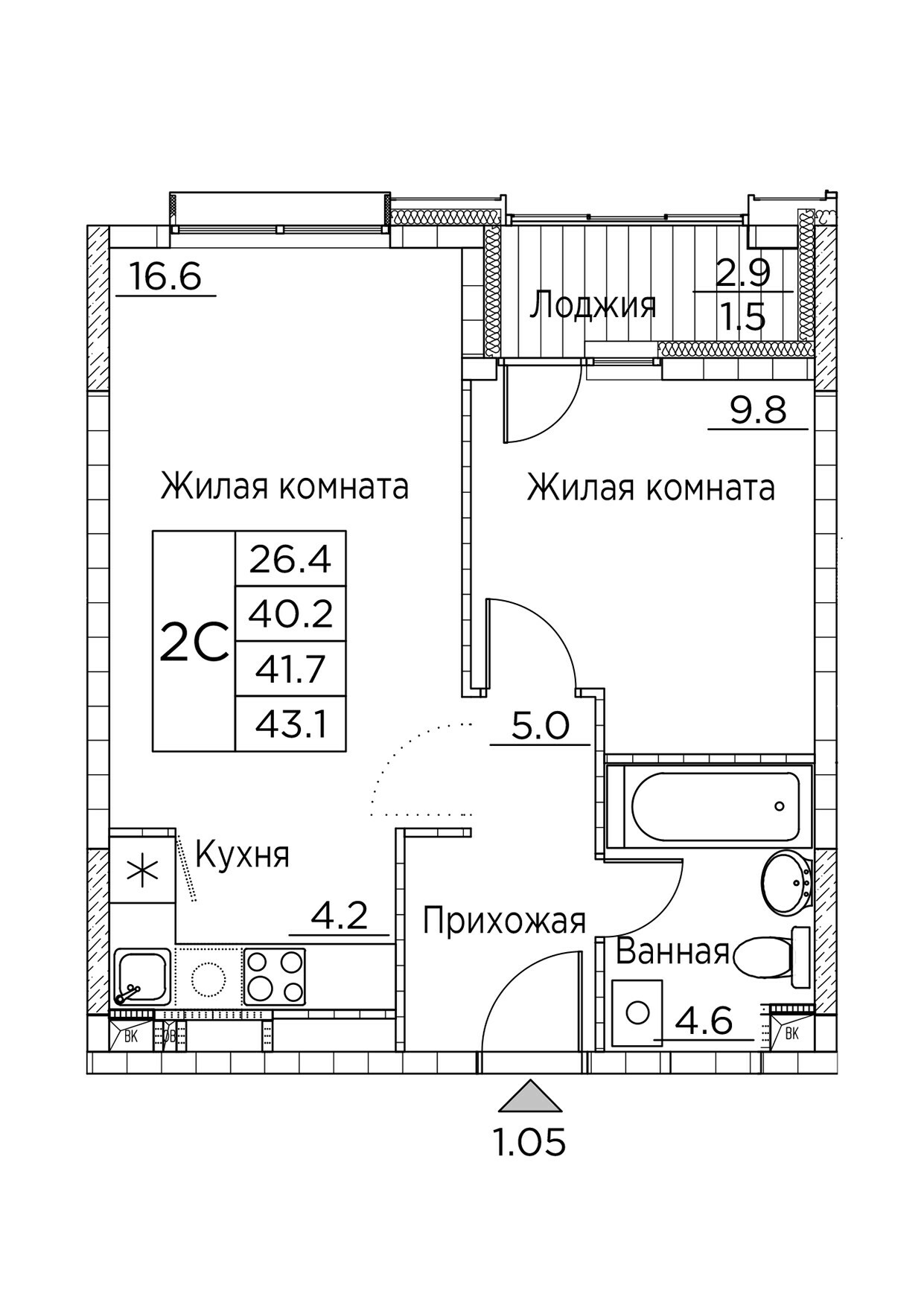 ЖК Гринхилс (Greenhills), 2-комн кв 43,1 м2, за 7 128 778 ₽, 2 этаж