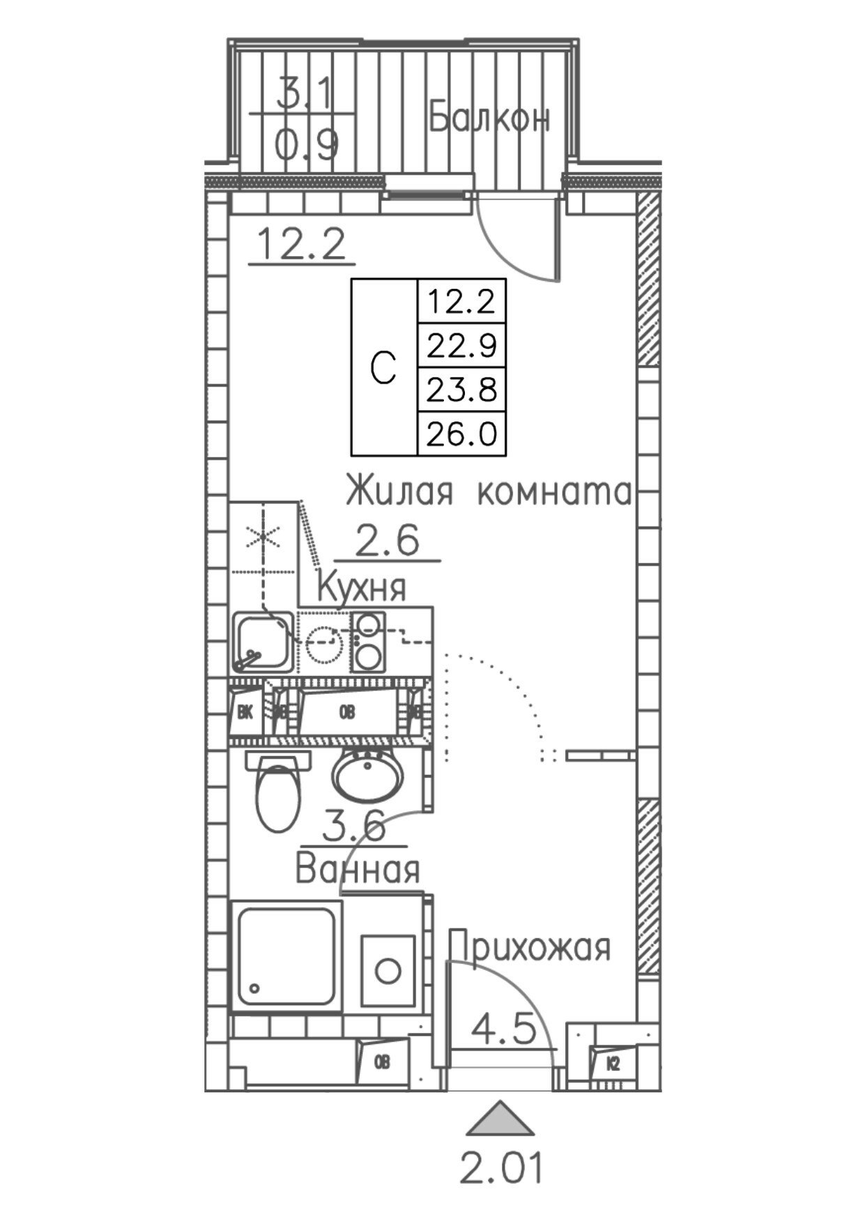 ЖК Гринхилс (Greenhills), Студия 26,0 м2, за 5 416 802 ₽, 15 этаж