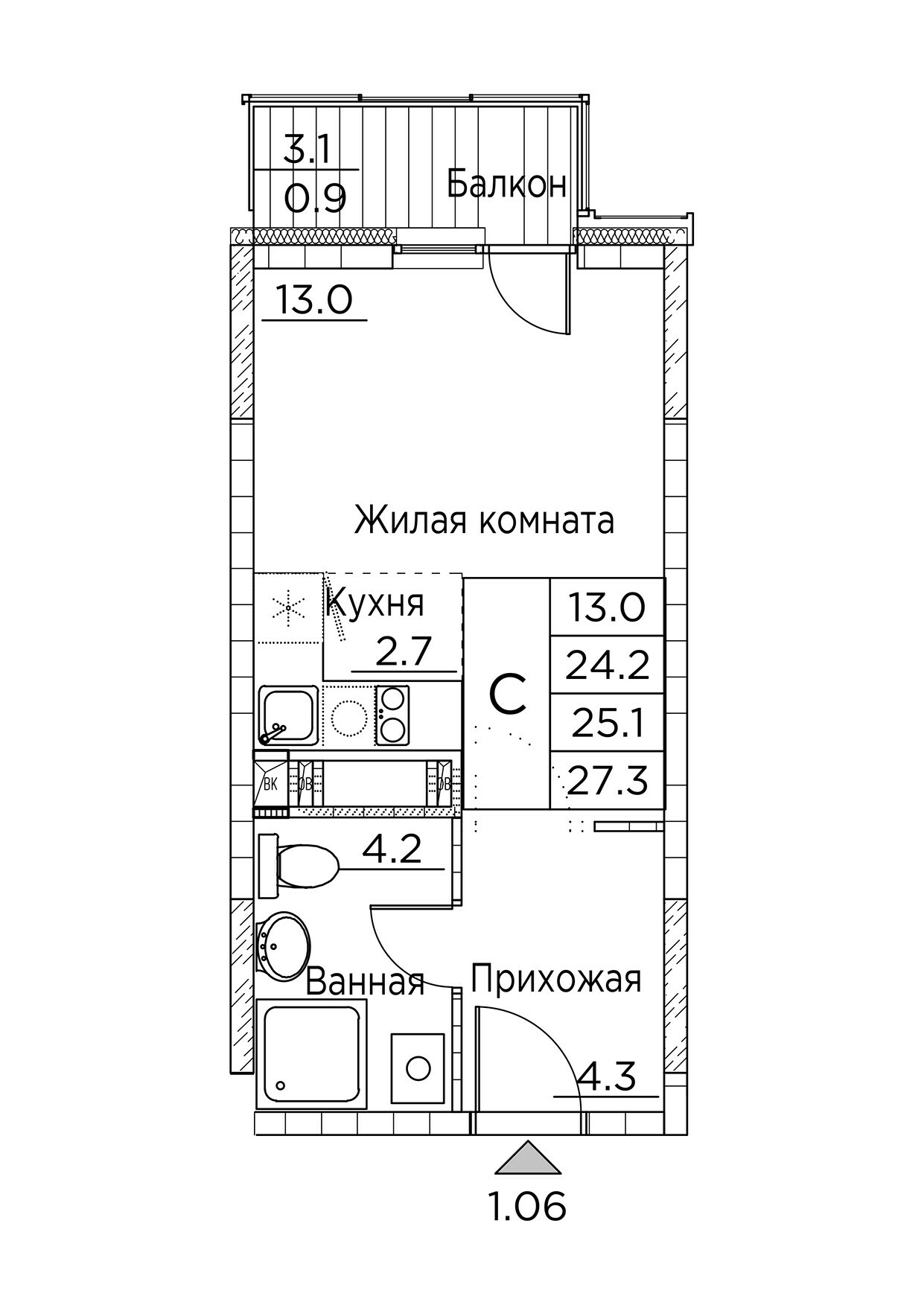 ЖК Гринхилс (Greenhills), Студия 27,3 м2, за 4 846 585 ₽, 2 этаж