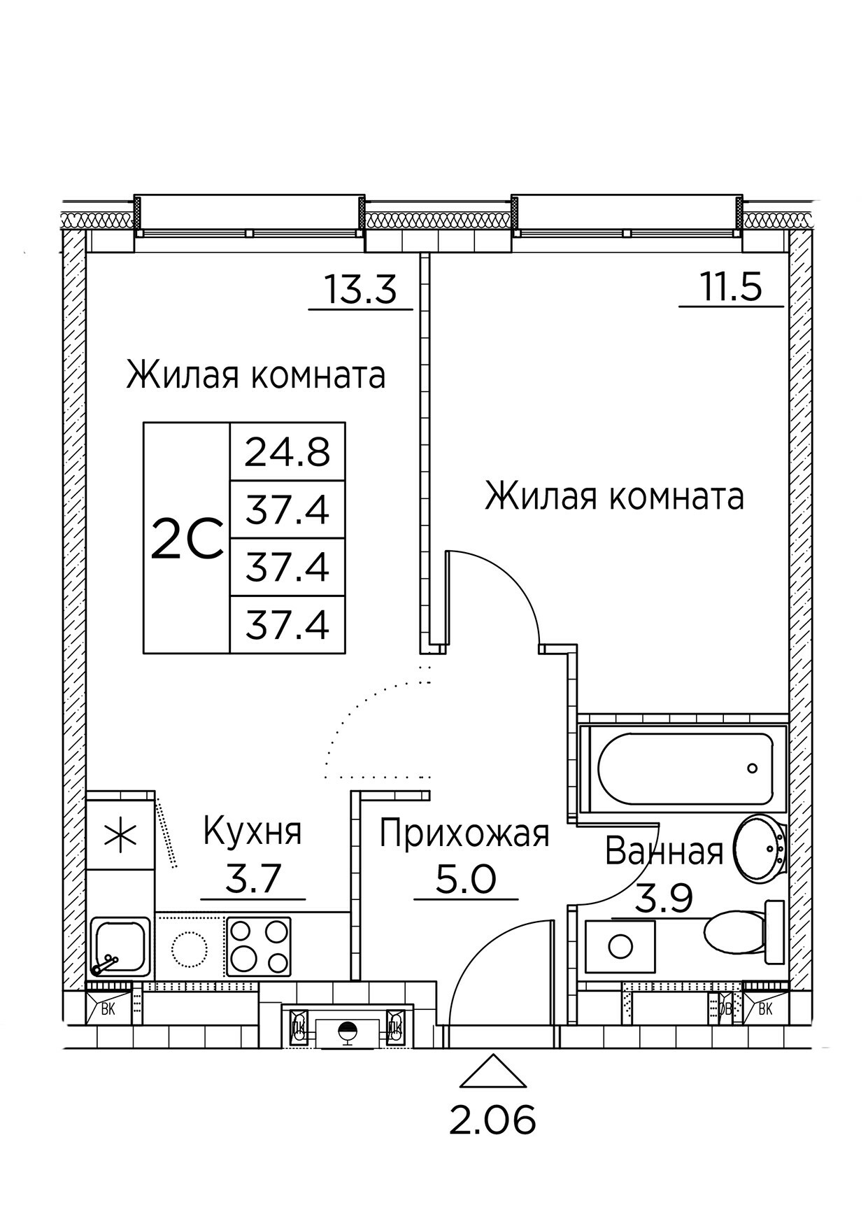 ЖК Гринхилс (Greenhills), 2-комн кв 37,4 м2, за 7 218 060 ₽, 2 этаж