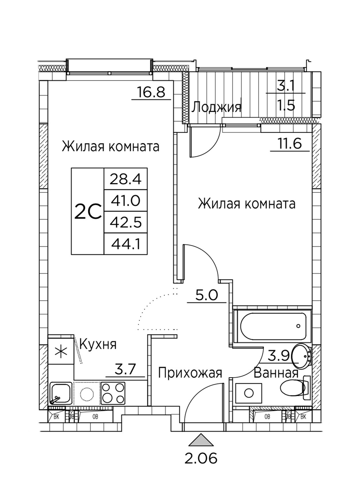 ЖК Гринхилс (Greenhills), 2-комн кв 44,1 м2, за 7 867 010 ₽, 7 этаж