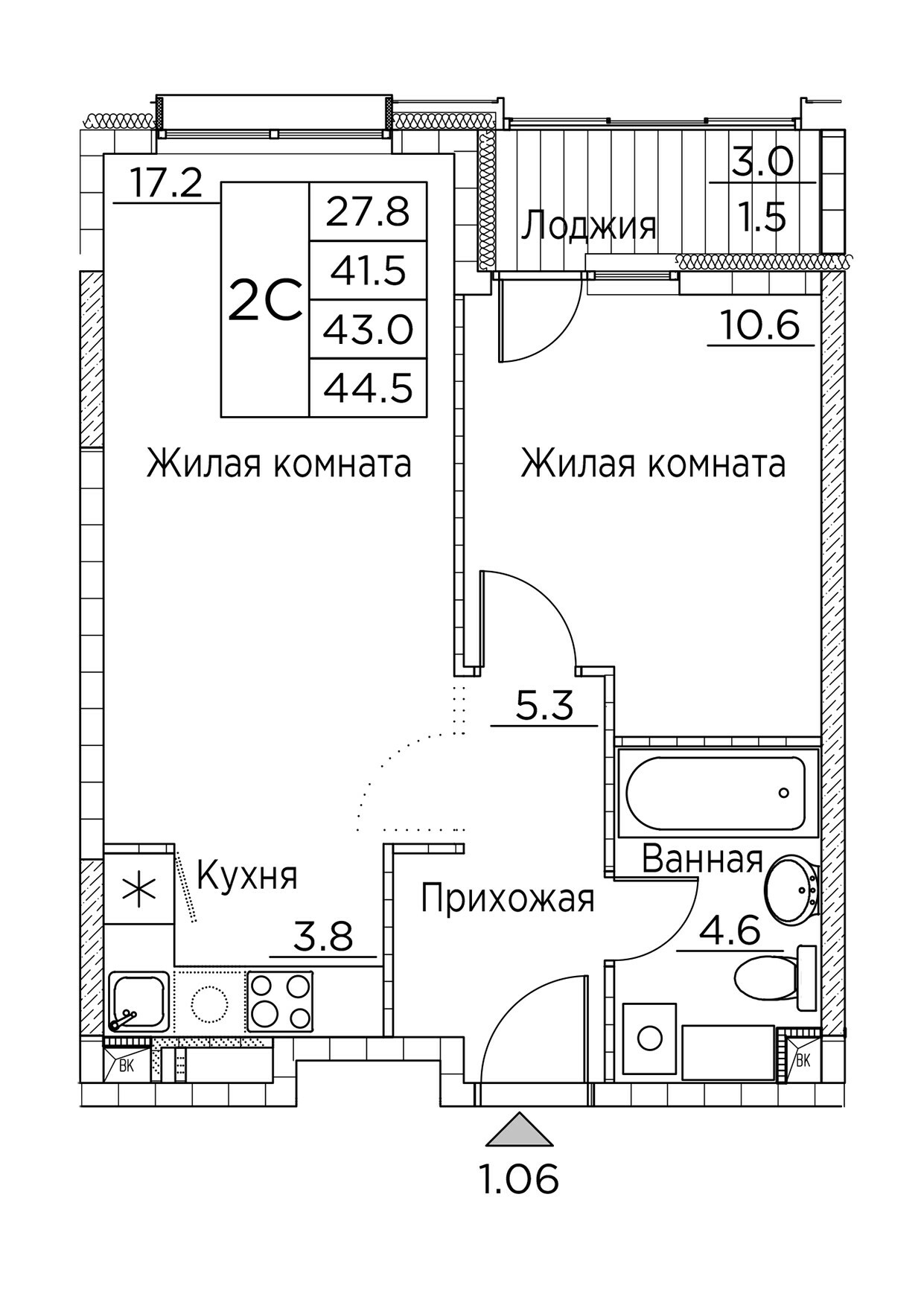 ЖК Гринхилс (Greenhills), 2-комн кв 44,5 м2, за 7 498 973 ₽, 2 этаж