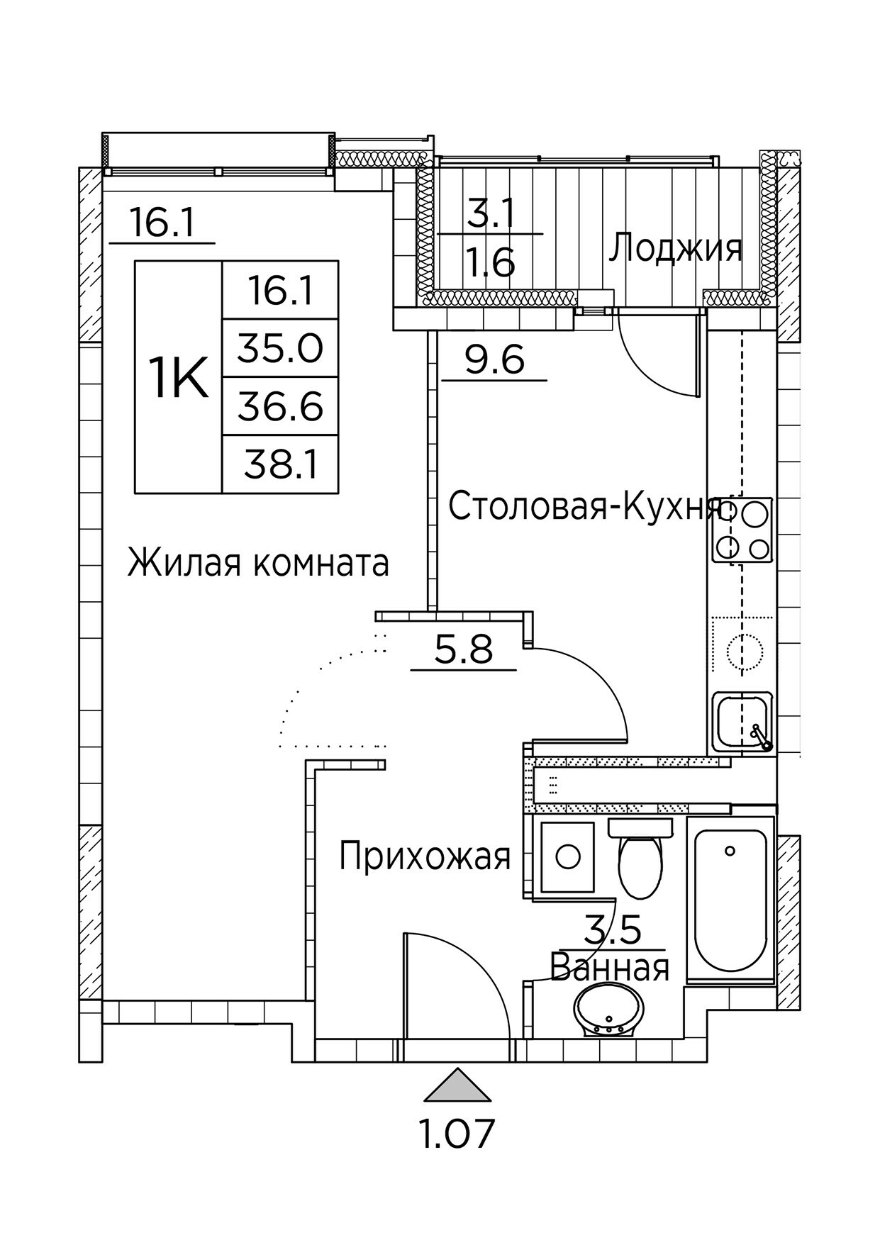 ЖК Гринхилс (Greenhills), 1-комн кв 38,1 м2, за 6 371 536 ₽, 2 этаж