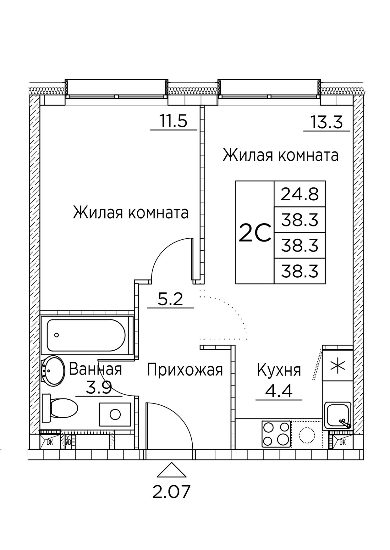 ЖК Гринхилс (Greenhills), 2-комн кв 38,3 м2, за 7 391 757 ₽, 2 этаж