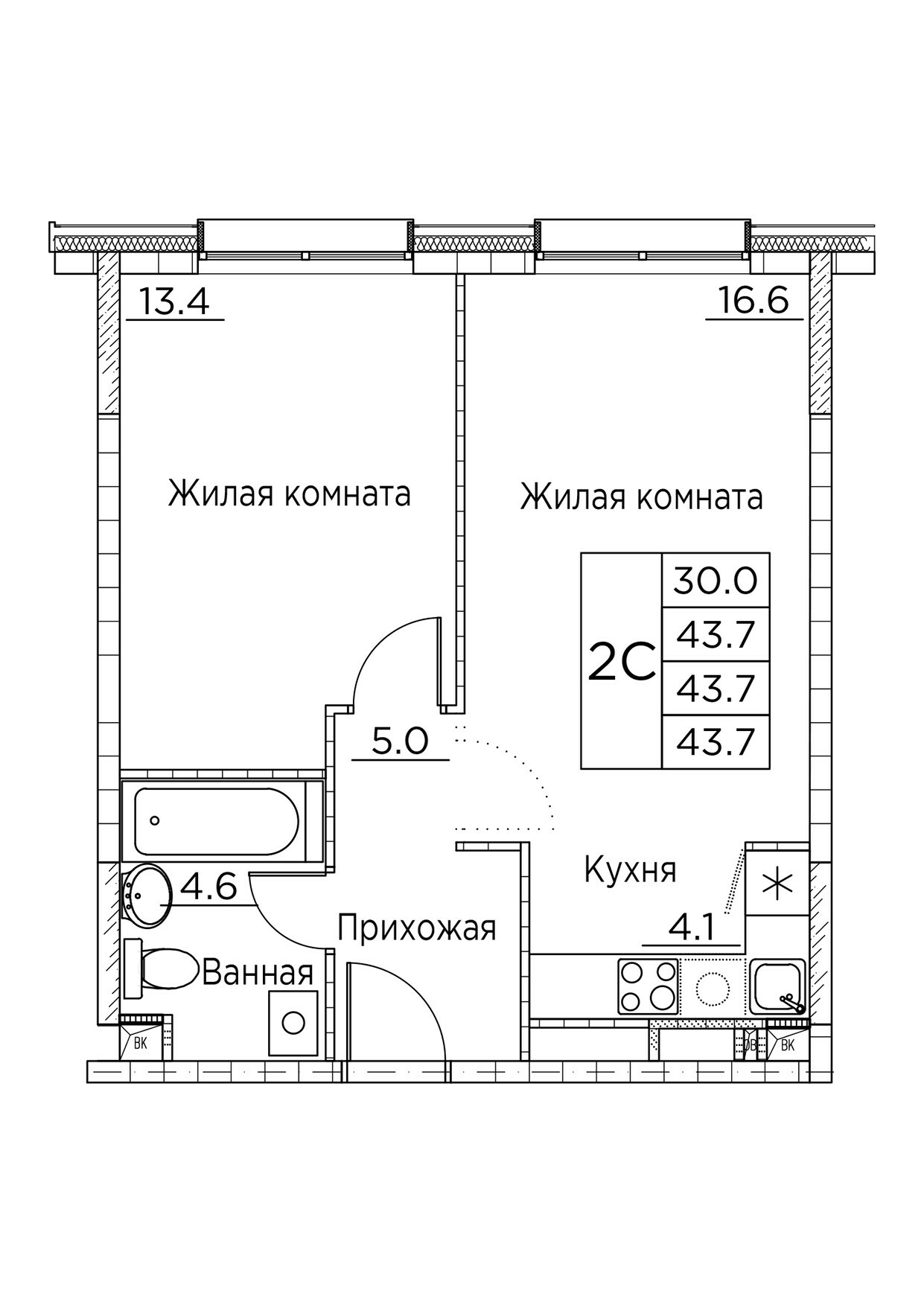 ЖК Гринхилс (Greenhills), 2-комн кв 43,7 м2, за 8 351 926 ₽, 2 этаж