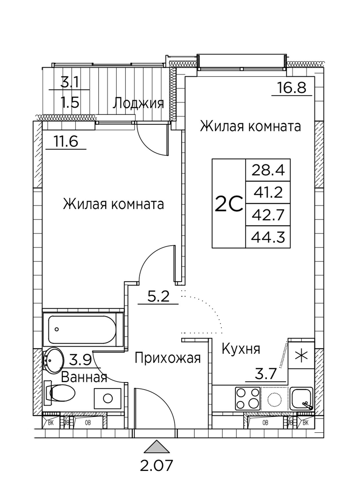 ЖК Гринхилс (Greenhills), 2-комн кв 44,3 м2, за 7 902 688 ₽, 7 этаж