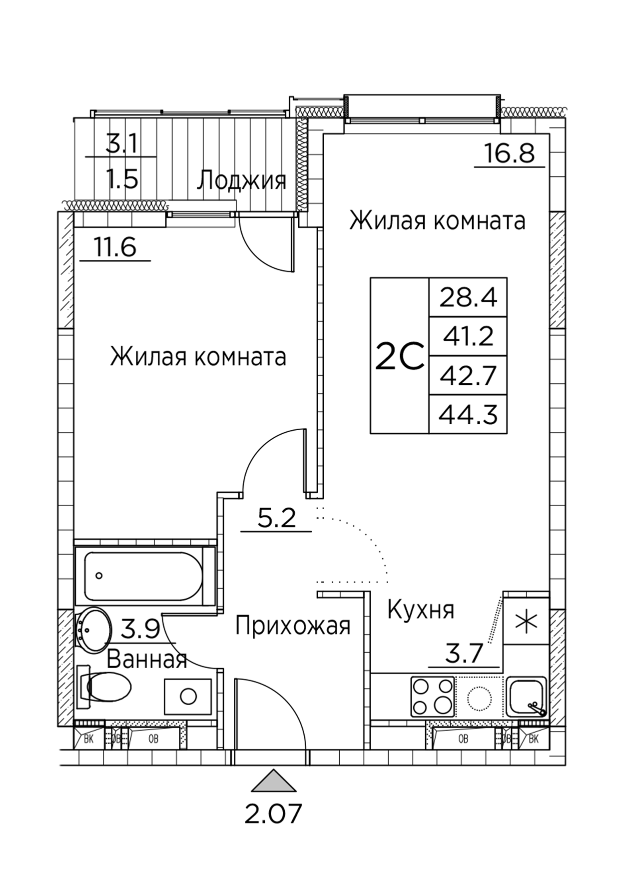 ЖК Гринхилс (Greenhills), 2-комн кв 44,3 м2, за 7 902 688 ₽, 7 этаж