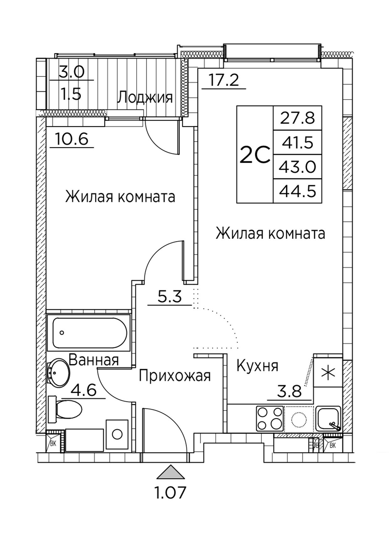 ЖК Гринхилс (Greenhills), 2-комн кв 44,5 м2, за 7 498 973 ₽, 2 этаж