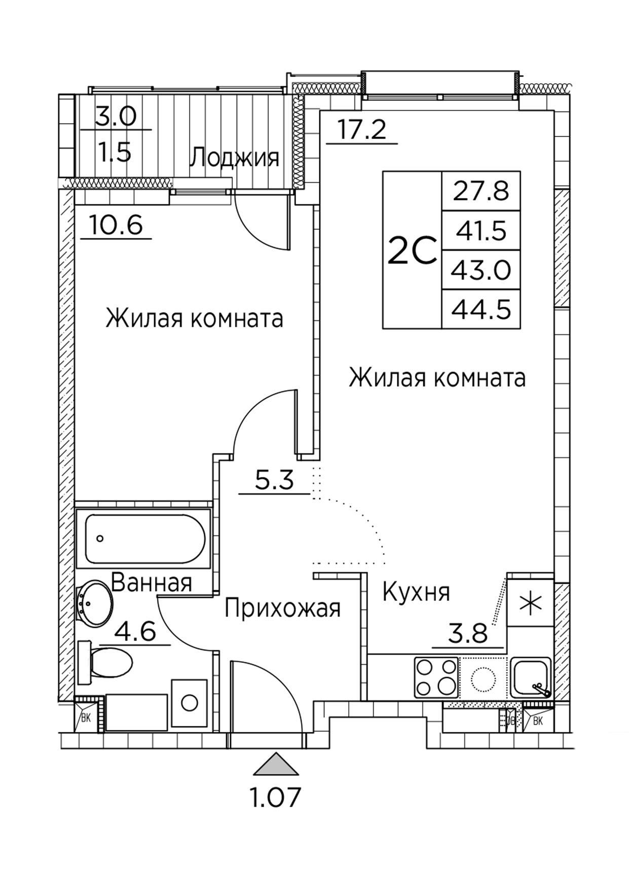 ЖК Гринхилс (Greenhills), 2-комн кв 44,5 м2, за 7 498 973 ₽, 2 этаж