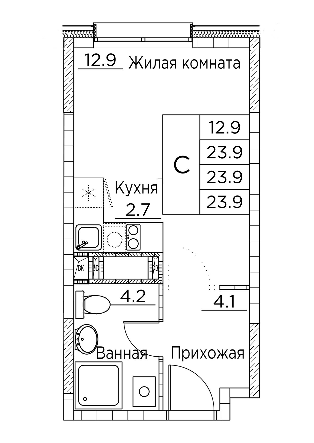 ЖК Гринхилс (Greenhills), Студия 23,9 м2, за 5 091 616 ₽, 2 этаж