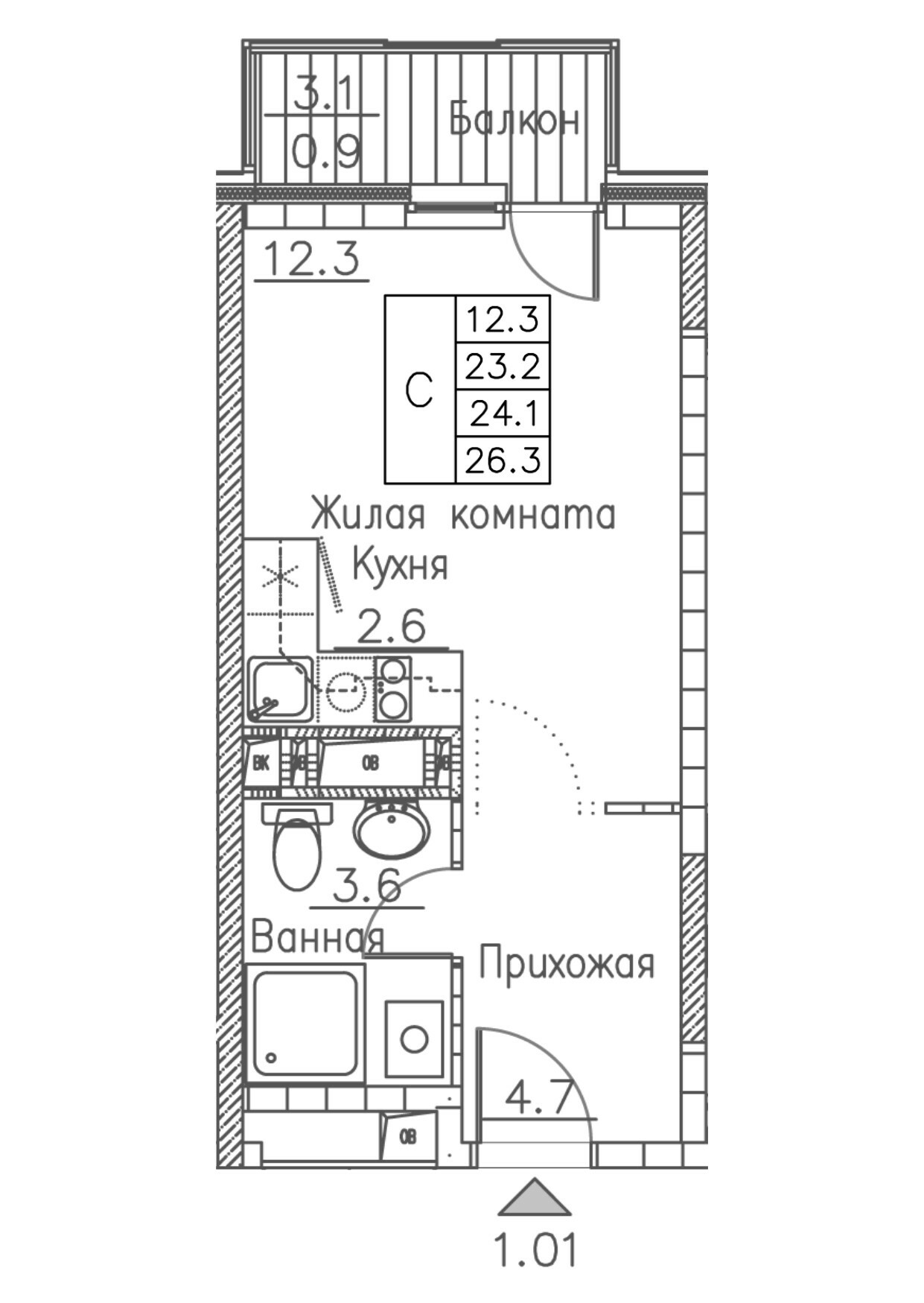 ЖК Гринхилс (Greenhills), Студия 26,3 м2, за 5 417 035 ₽, 12 этаж