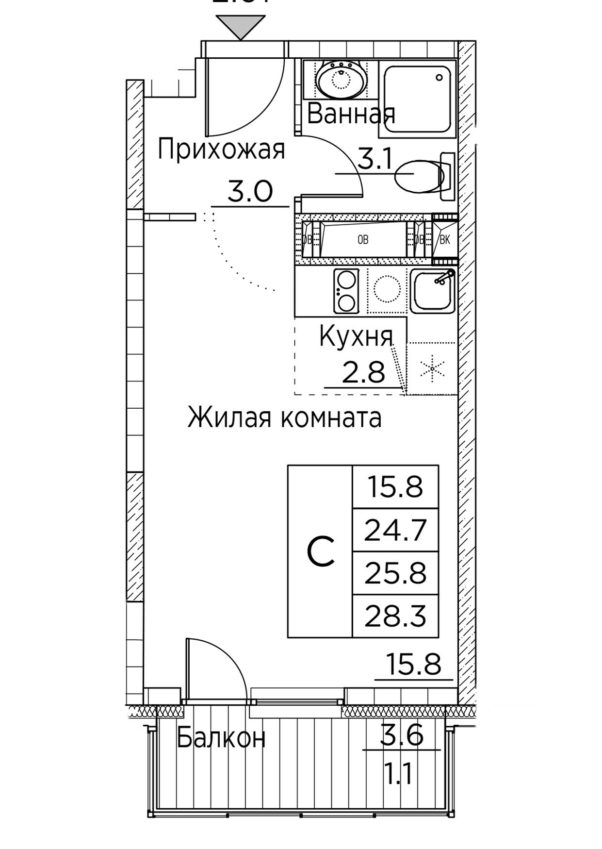 ЖК Гринхилс (Greenhills), Студия 28,3 м2, за 5 904 939 ₽, 23 этаж