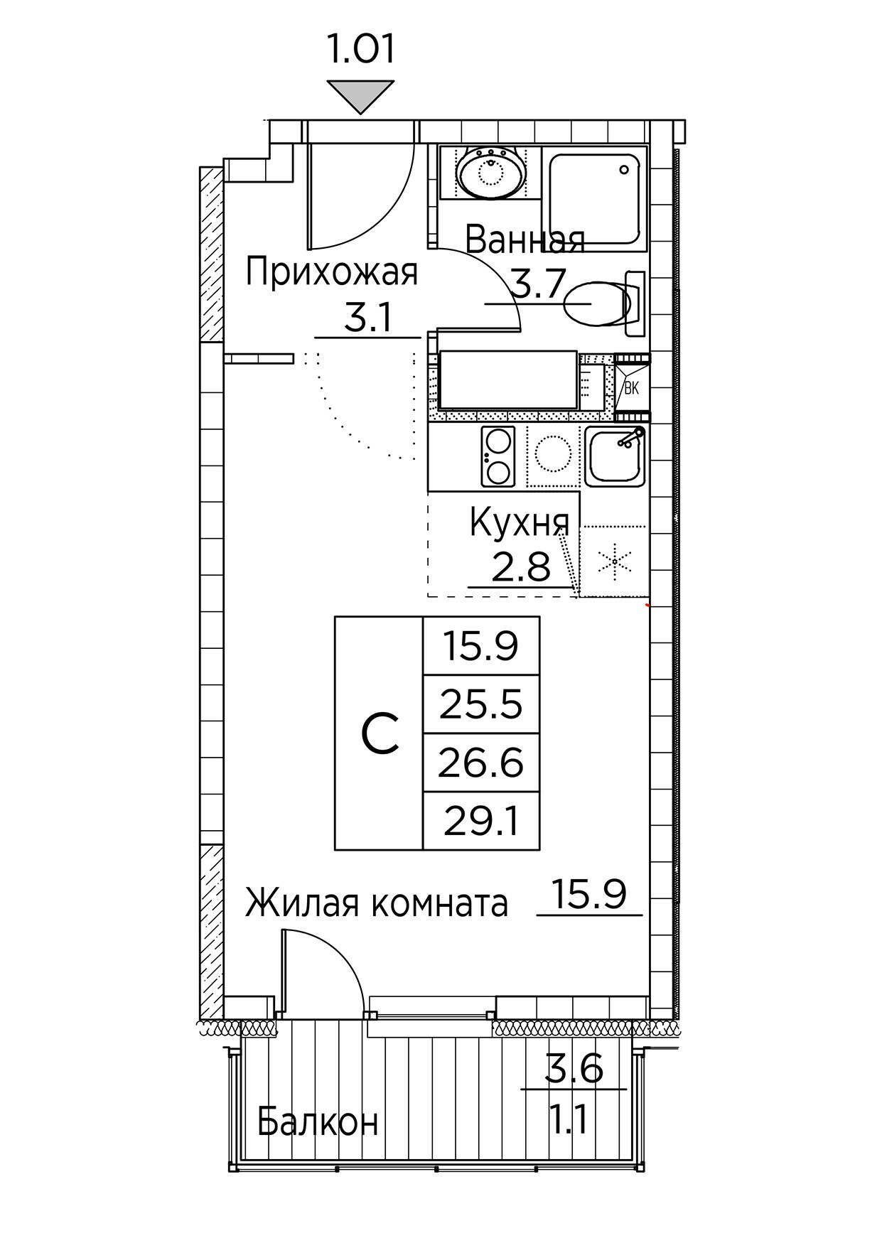 ЖК Гринхилс (Greenhills), Студия 29,1 м2, за 5 624 008 ₽, 3 этаж