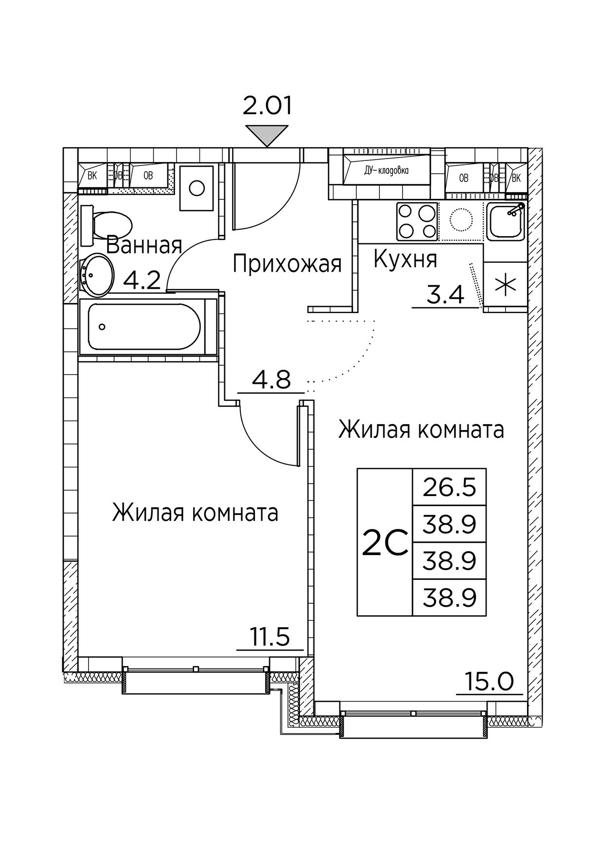 ЖК Гринхилс (Greenhills), 2-комн кв 38,9 м2, за 7 134 780 ₽, 3 этаж