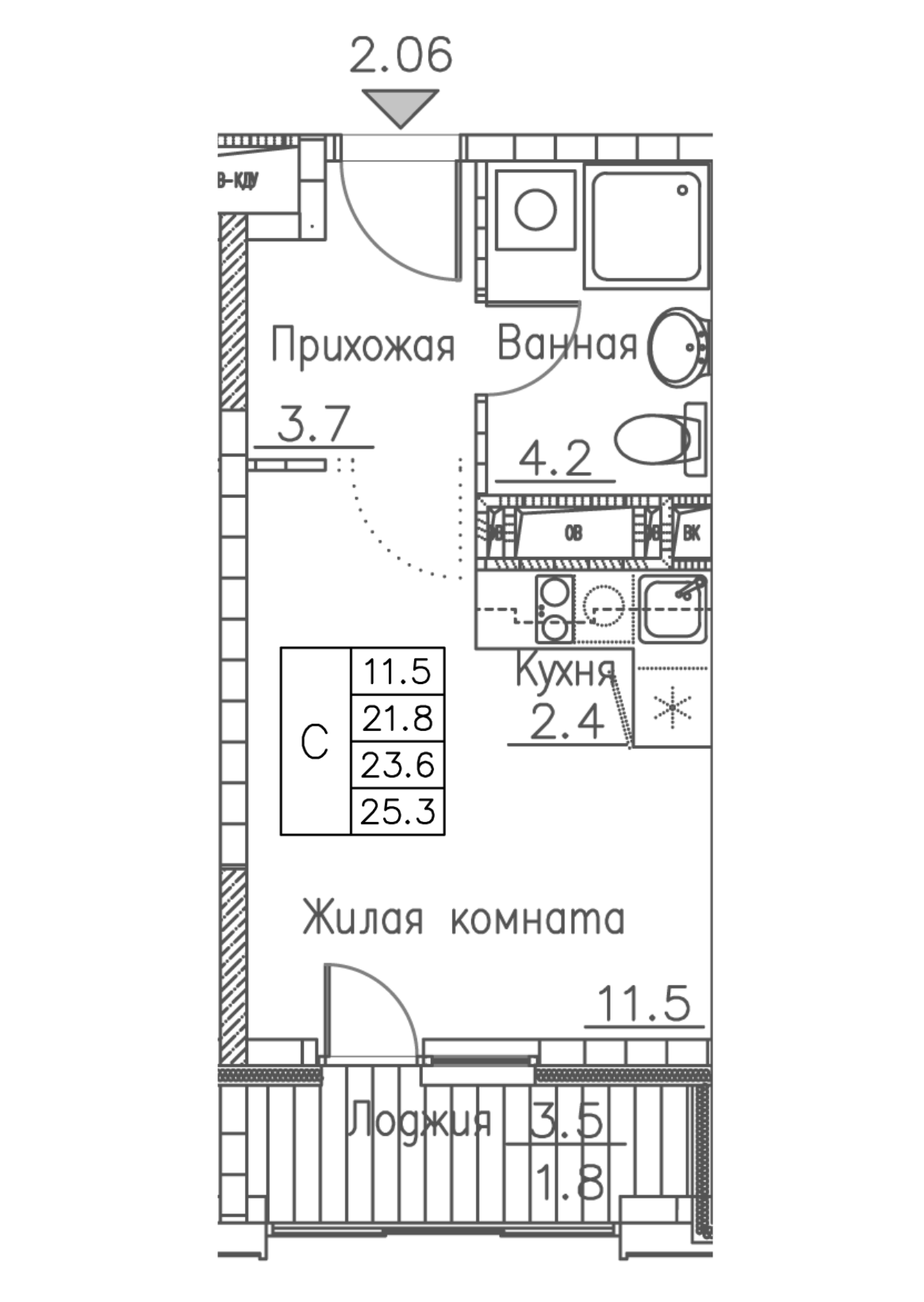 ЖК Гринхилс (Greenhills), Студия 25,3 м2, за 4 640 410 ₽, 11 этаж